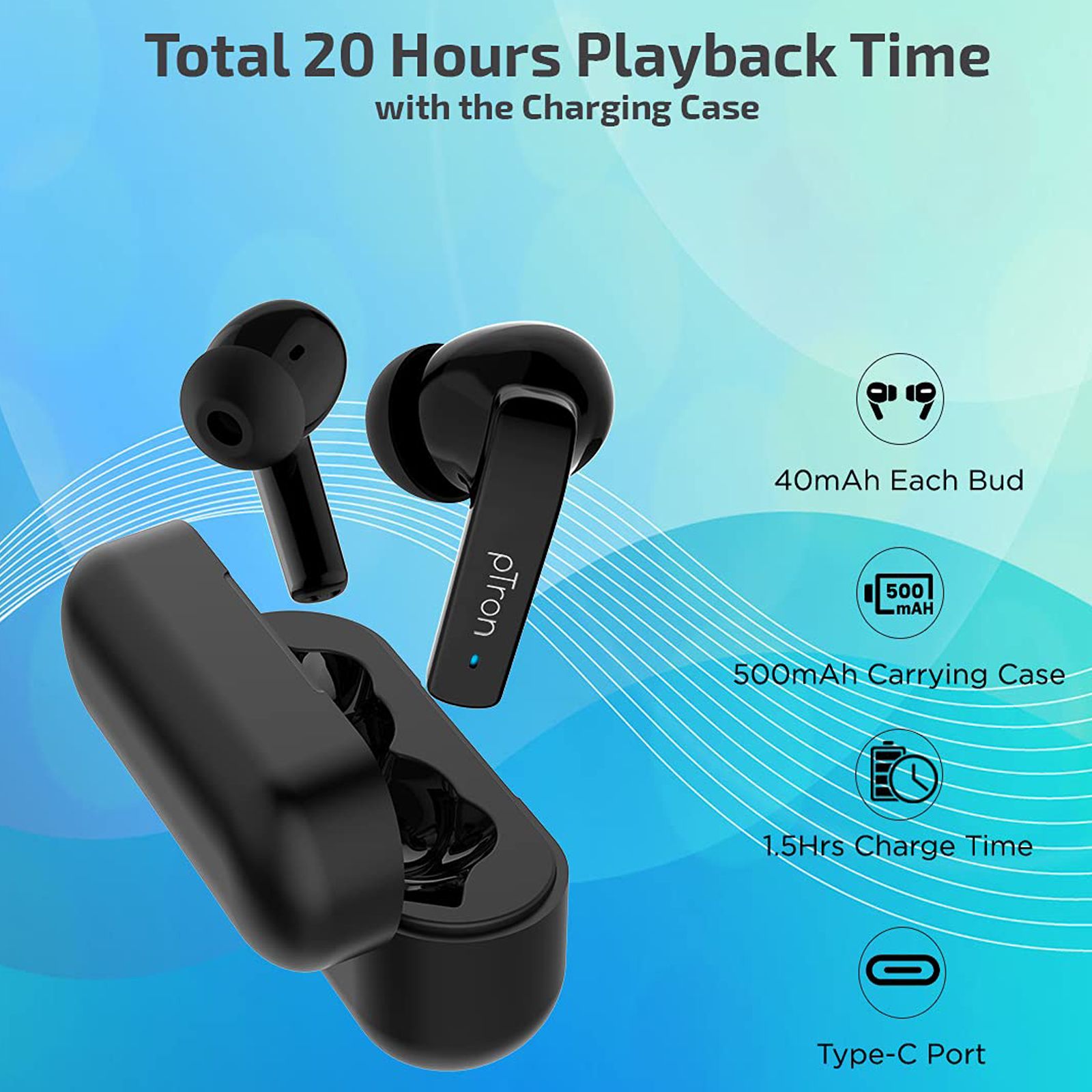 pTron Basspods 992 140318090 TWS Earbuds with Active Noise Cancellation (IPX4 Sweat & Water Resistant, 20 Hours Playback, Black)_4