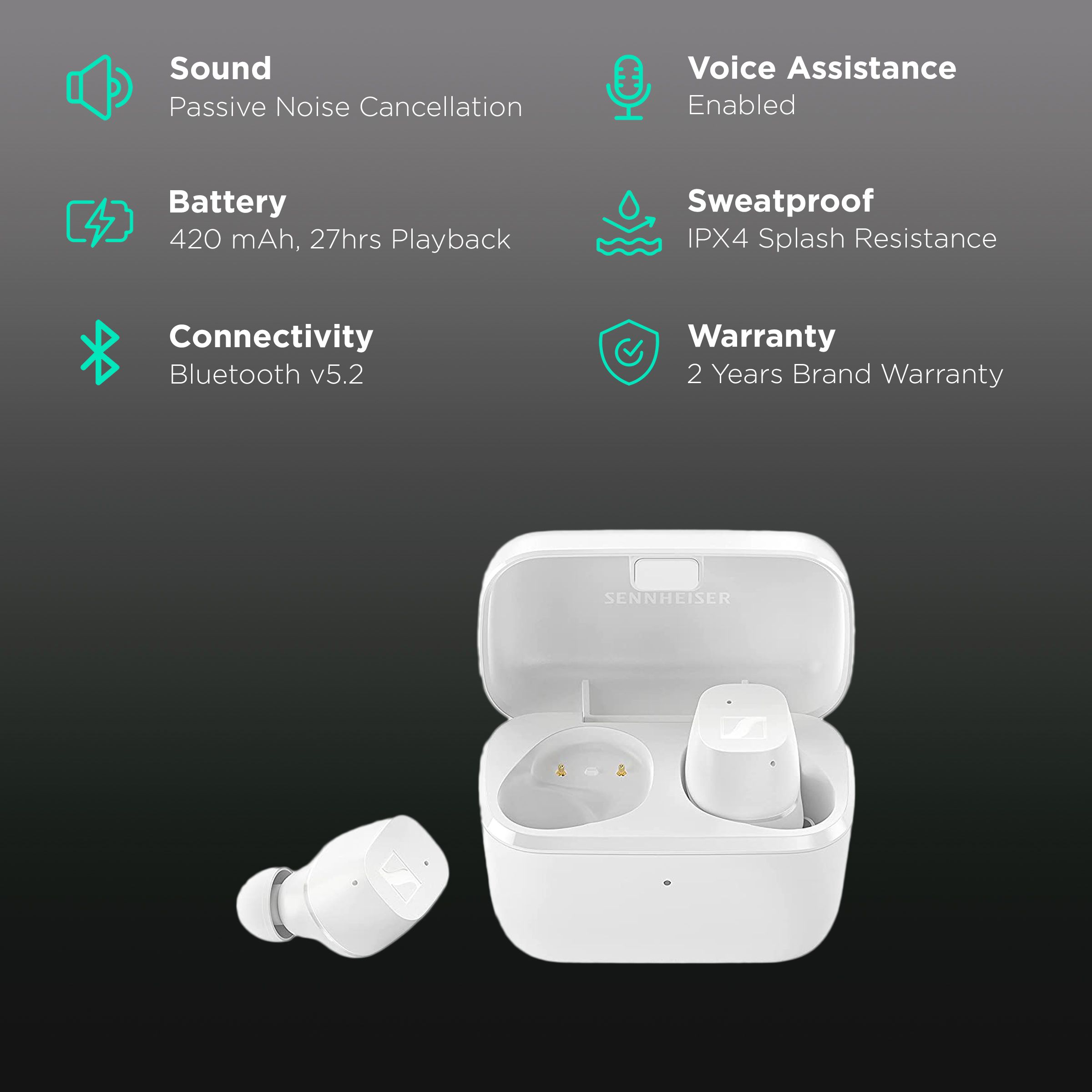SENNHEISER CX 200 TW1 TWS Earbuds with Passive Noise Cancellation (IPX4 Splash Resistant, 27 Hours Playback, White)_2
