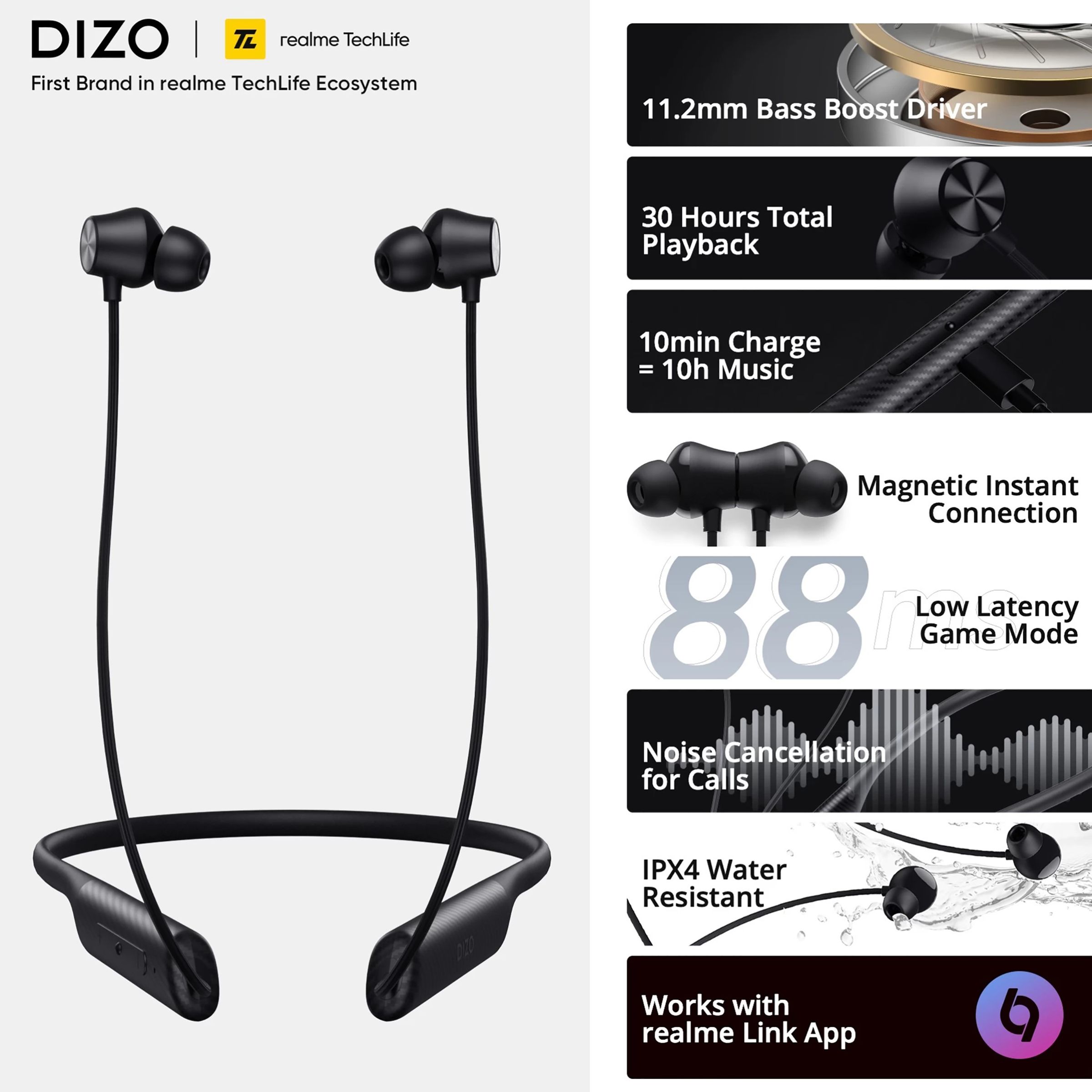 DIZO by realme TechLife Dash 790101001 Neckband with Environmental Noise Cancellation (IPX4 Water Resistant, Smart Control, Classic Black)_8