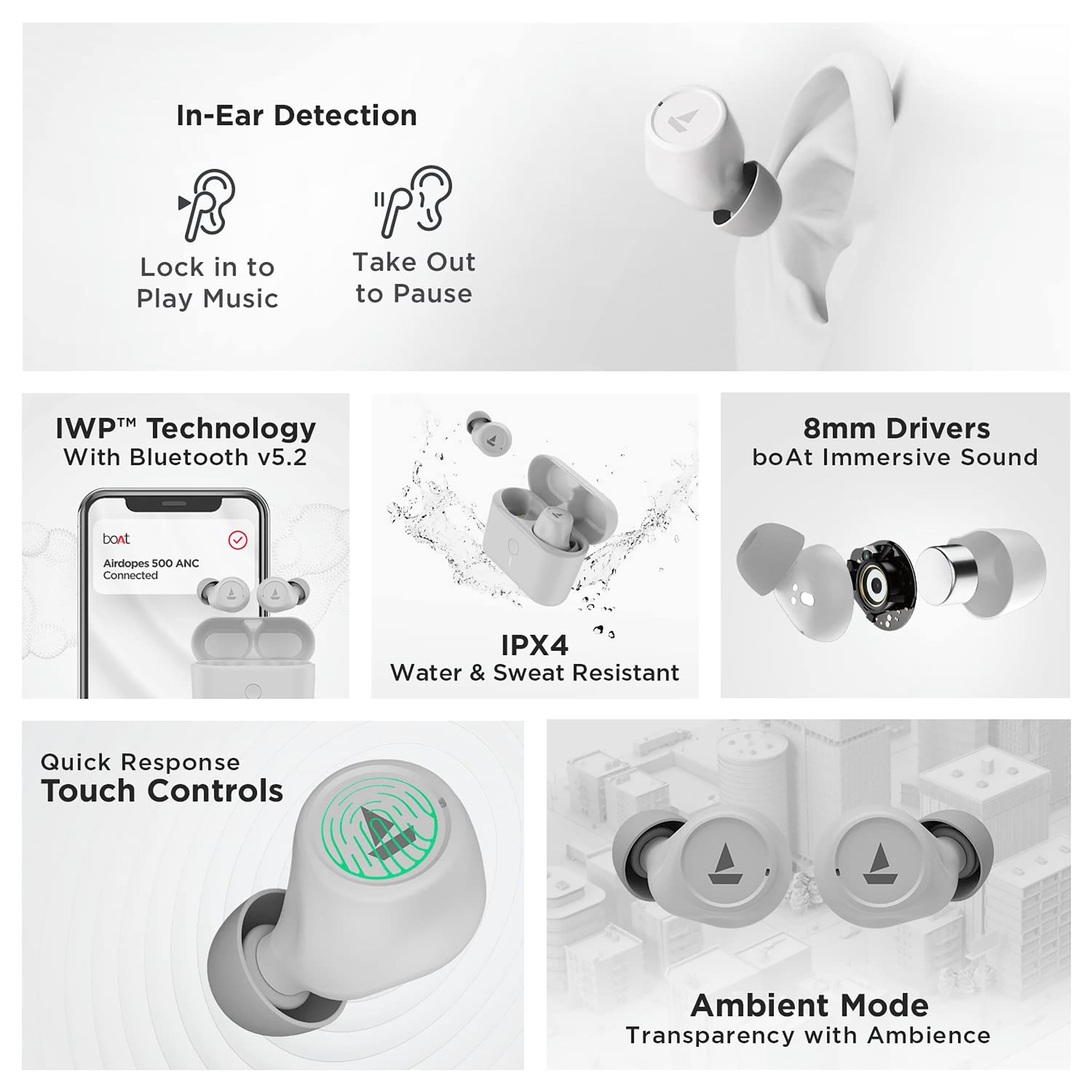 boAt Airdopes 500 TWS Earbuds with Active Noise Cancellation (IPX4 Sweat & Water Resistant, 27.5 Hours Playback, White) boAt Airdopes 500 TWS Earbuds with Active Noise Cancellation (IPX4 Sweat & Water Resistant, 27.5 Hours Playback, White)_10