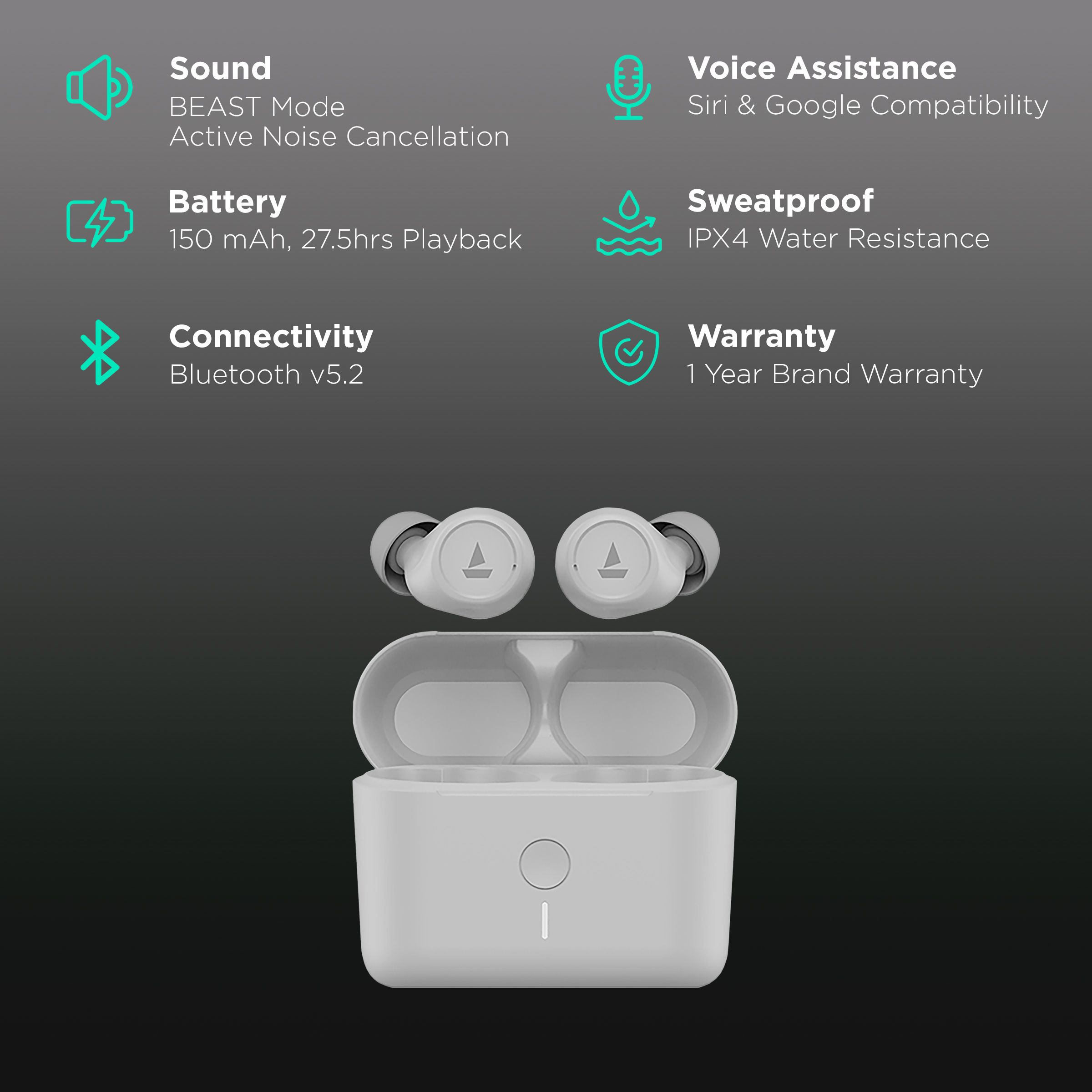 boAt Airdopes 500 TWS Earbuds with Active Noise Cancellation (IPX4 Sweat & Water Resistant, 27.5 Hours Playback, White) boAt Airdopes 500 TWS Earbuds with Active Noise Cancellation (IPX4 Sweat & Water Resistant, 27.5 Hours Playback, White)_2