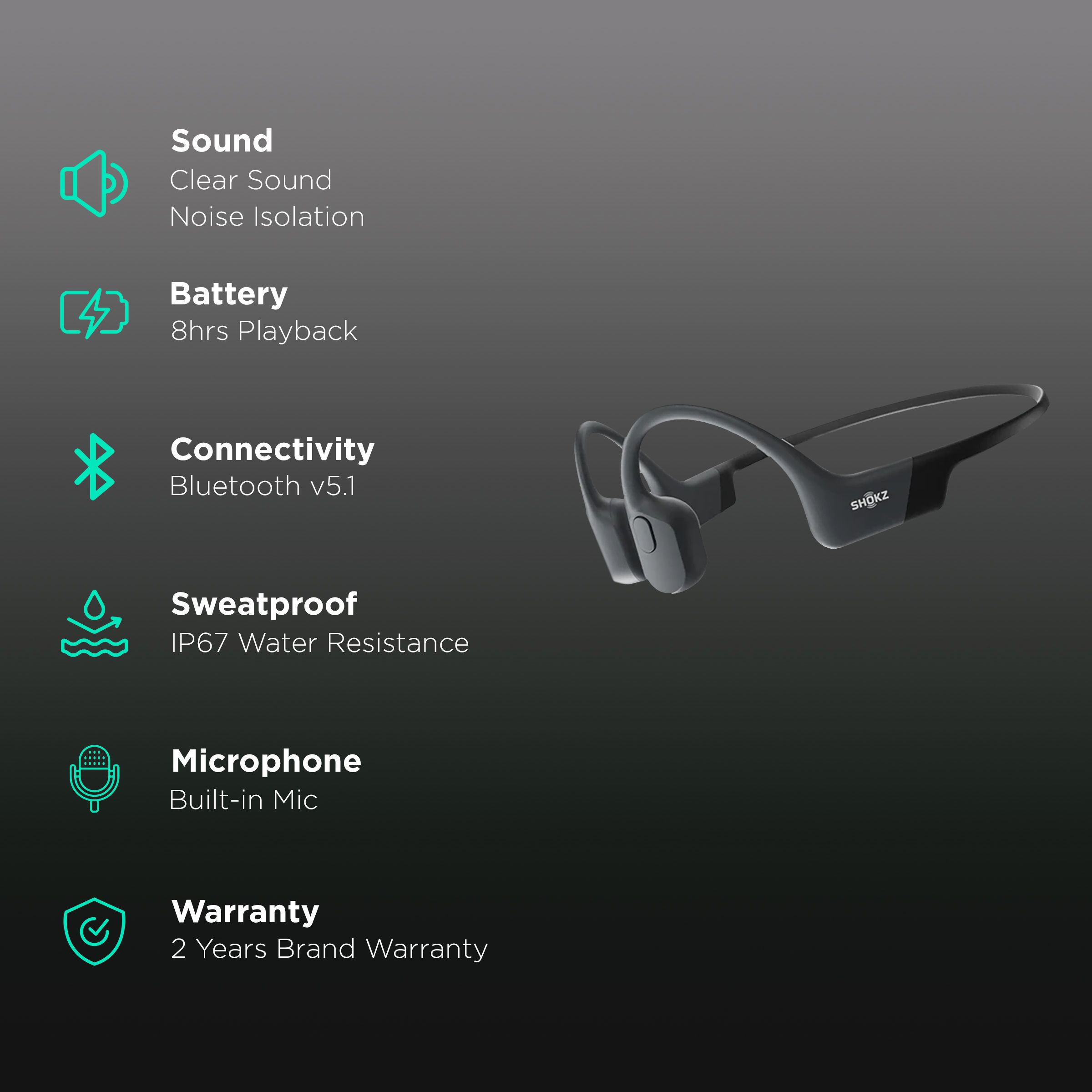 SHOKZ OpenRun Bone Conduction Bluetooth Headphone with Noise Isolation (IP67 Waterproof, 8 Hours Playtime, Black)_2