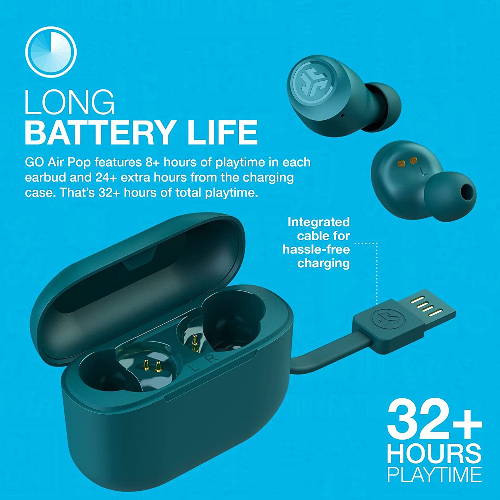 JLAB Go Air Pop IEUEBGAIRPOPRTEL12 TWS Earbuds (IPX4 Sweat & Water Resistant, 32 Hours Playback, Teal)_6