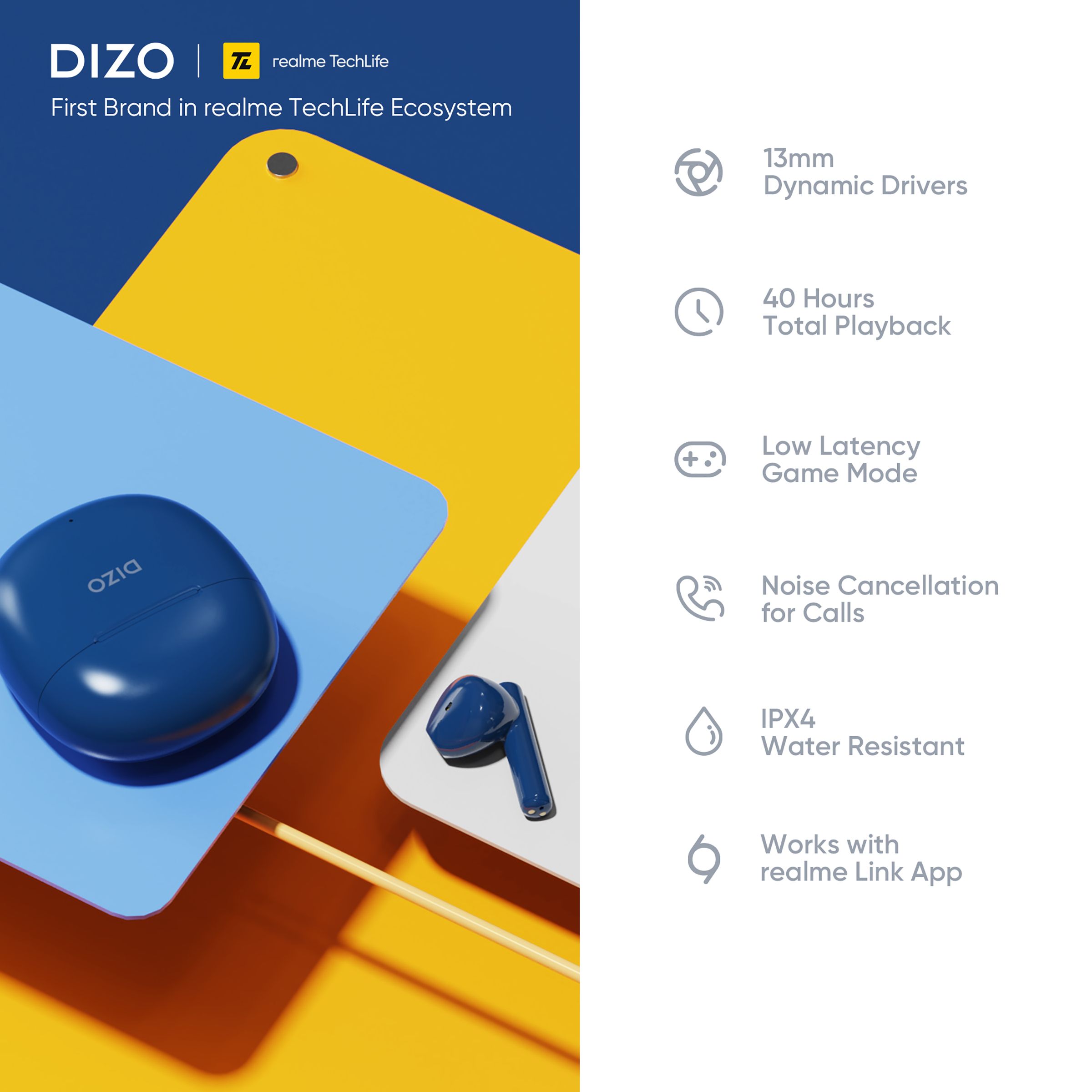 DIZO by realme TechLife Buds P 790200502 TWS Earbuds with Noise Cancellation (IPX4 Water Resistant, 40 Hours Playtime, Shady Blue)_9