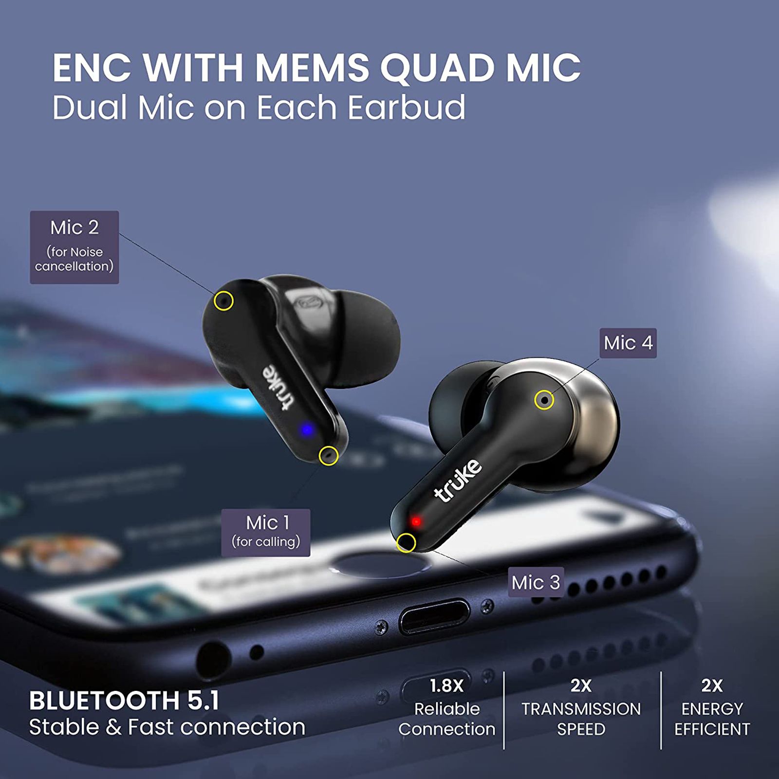 truke Buds S1 S21 TWS Earbuds with Environmental Noise Cancellation (IPX4 Sweat & Water Resistant, 48 Hours Playback, Black)_5