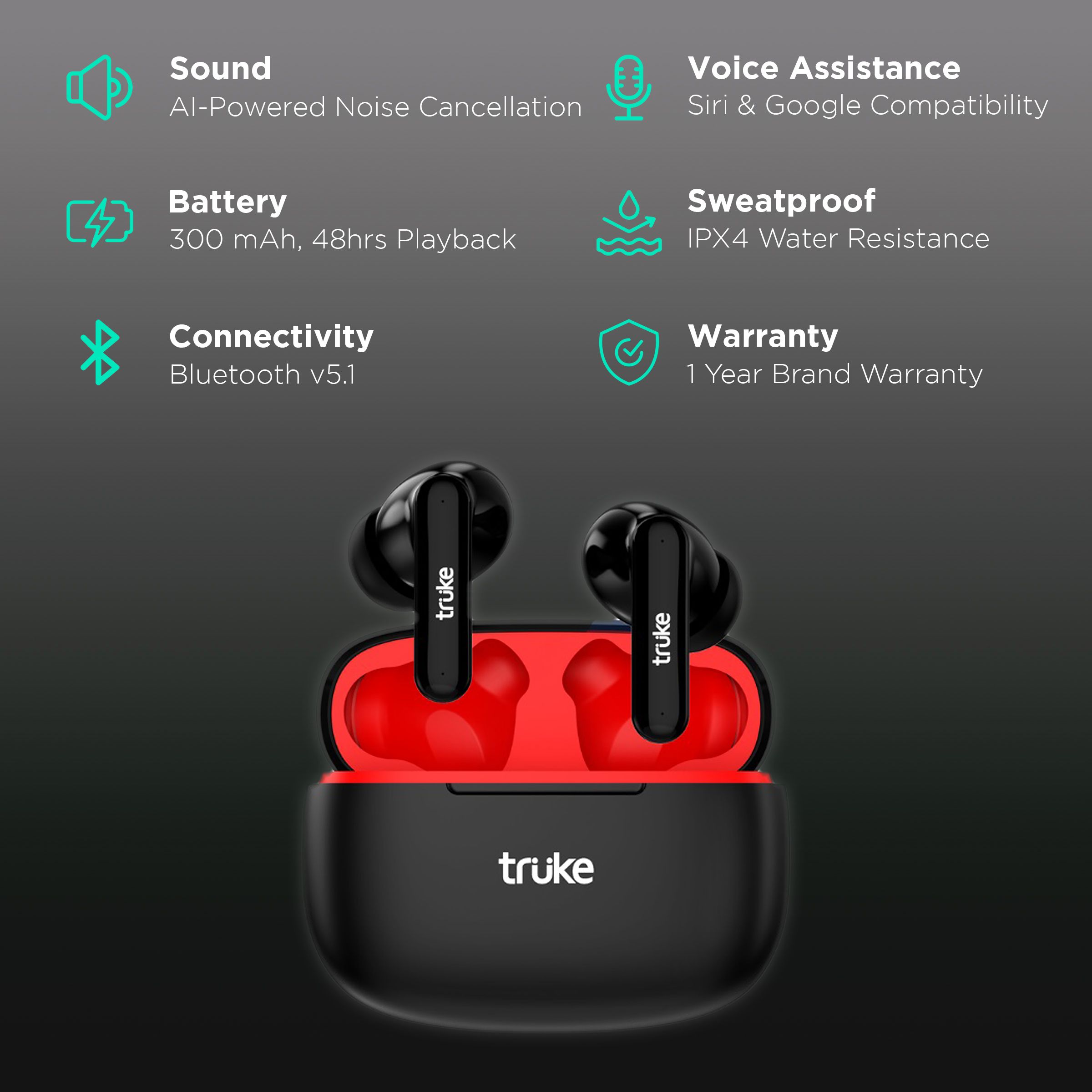 truke Air Buds E216 TWS Earbuds with AI Noise Cancellation (IPX4 Water Resistant, 48 Hours Playback, Black)_2