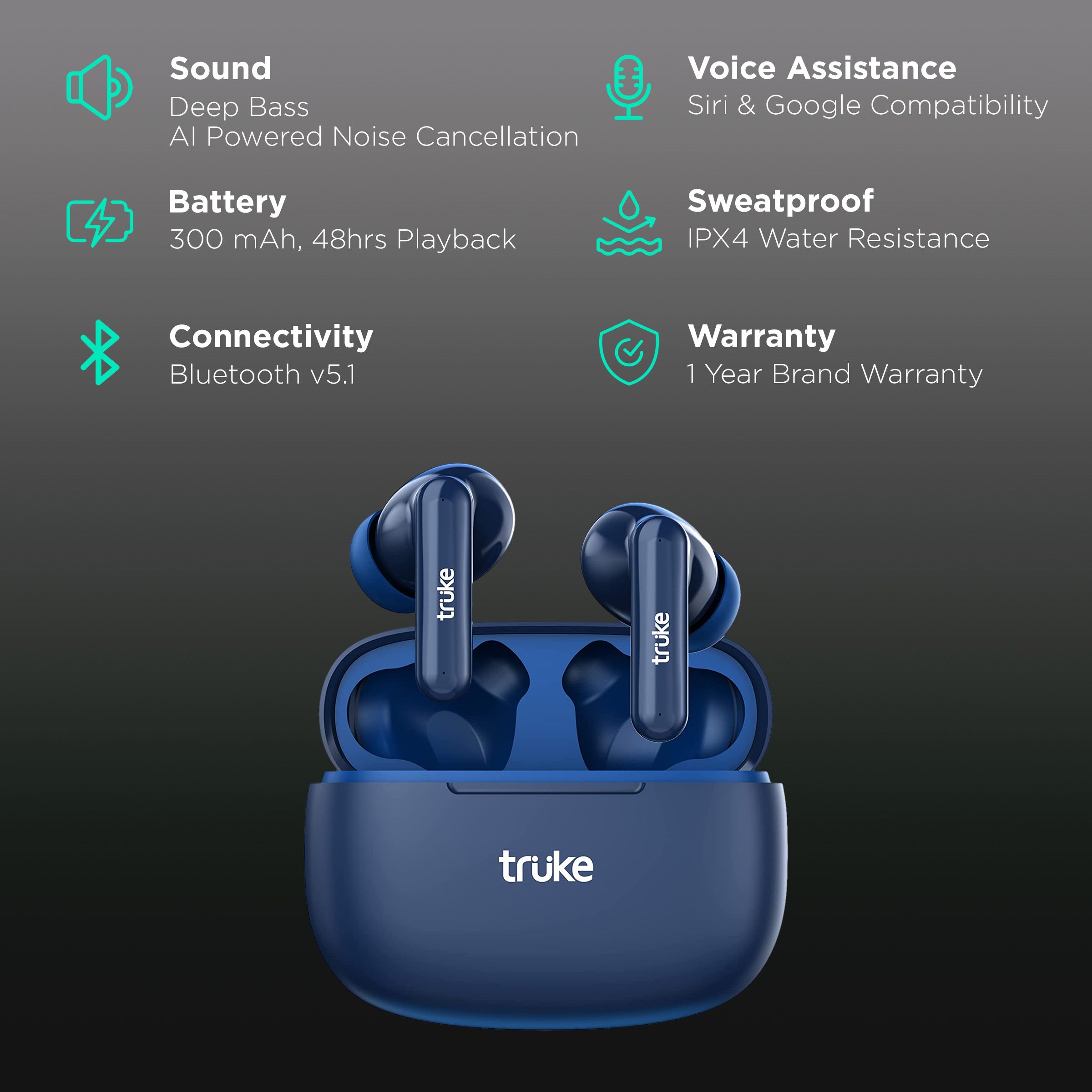 truke Airbuds Lite E1 TWS Earbuds with AI Noise Cancellation (IPX4 Sweat & Water Resistant, 48 Hours Playback, Blue) truke Airbuds Lite E1 TWS Earbuds with AI Noise Cancellation (IPX4 Sweat & Water Resistant, 48 Hours Playback, Blue)_2