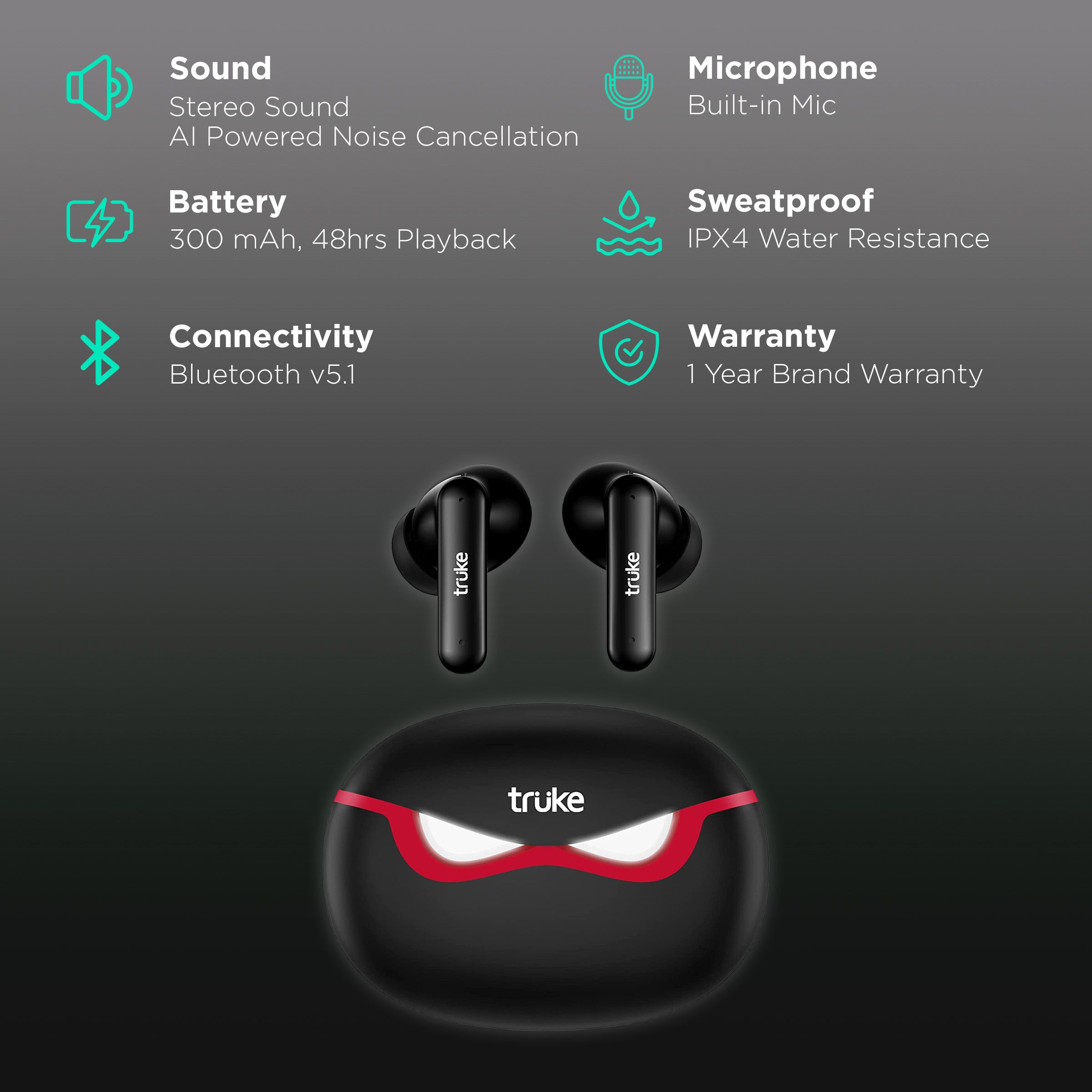 truke BTG 3 E222 TWS Earbuds with AI Noise Cancellation (IPX4 Sweat & Water Resistant, 48 Hours Playback, Black) truke BTG 3 E222 TWS Earbuds with AI Noise Cancellation (IPX4 Sweat & Water Resistant, 48 Hours Playback, Black)_2