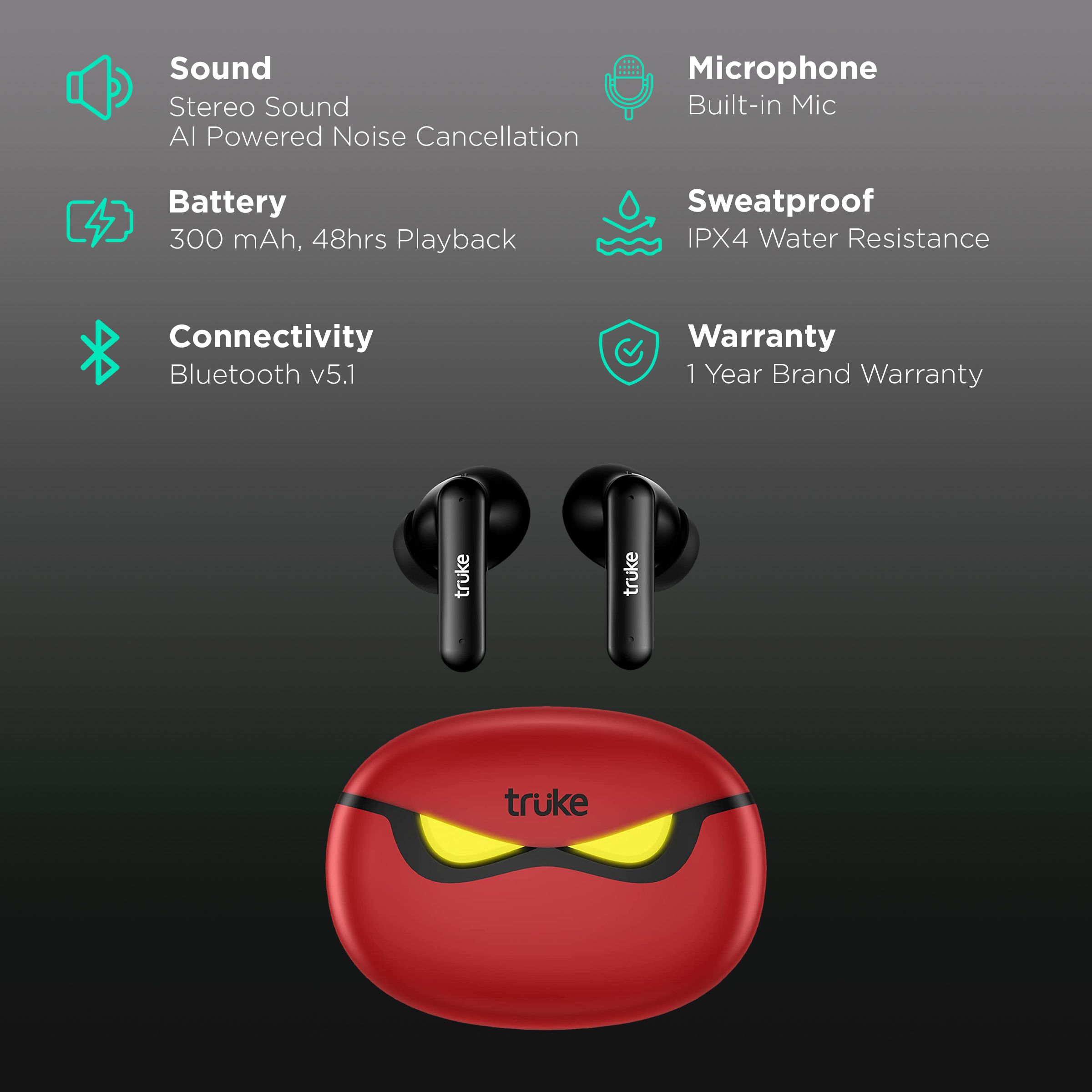 truke BTG 3 E222 TWS Earbuds with AI Noise Cancellation (IPX4 Sweat & Water Resistant, 48 Hours Playback, Red)_2