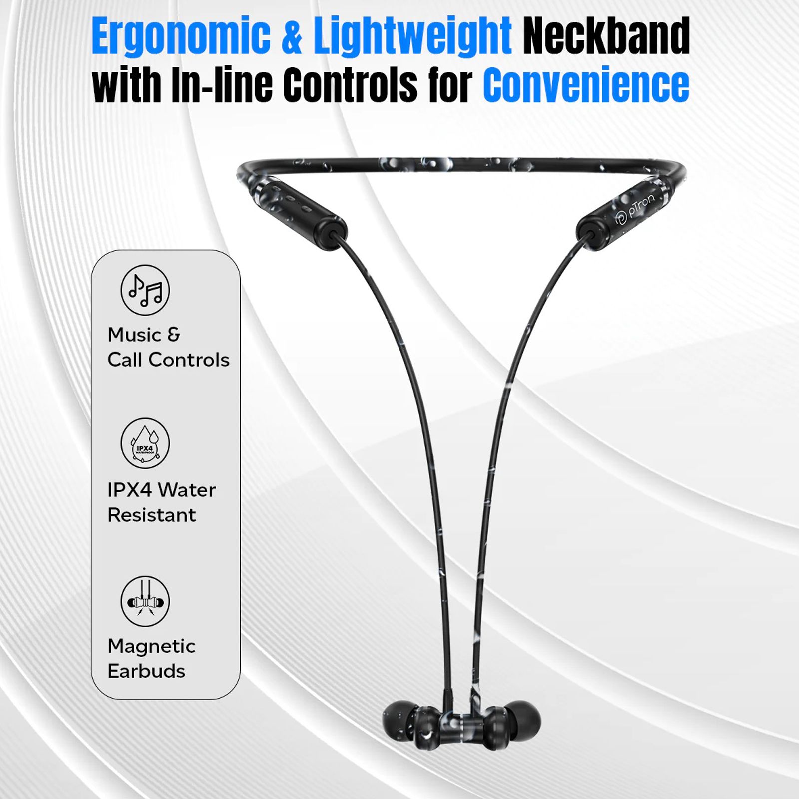 pTron InTunes Magic 140318713 Neckband with Passive Noise Cancellation (IPX4 Water Resistant, 10mm Drivers, Black) pTron InTunes Magic 140318713 Neckband with Passive Noise Cancellation (IPX4 Water Resistant, 10mm Drivers, Black)_5