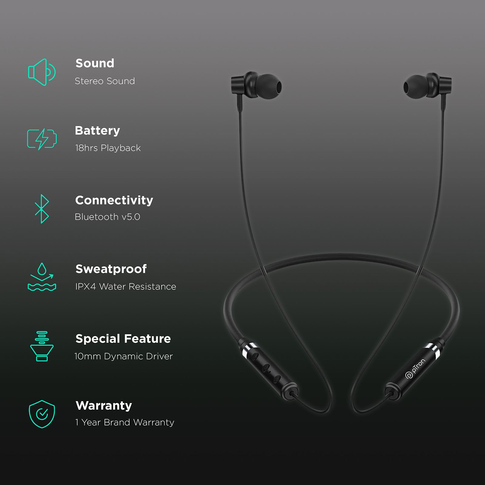 pTron InTunes Magic 140318713 Neckband with Passive Noise Cancellation (IPX4 Water Resistant, 10mm Drivers, Black) pTron InTunes Magic 140318713 Neckband with Passive Noise Cancellation (IPX4 Water Resistant, 10mm Drivers, Black)_2