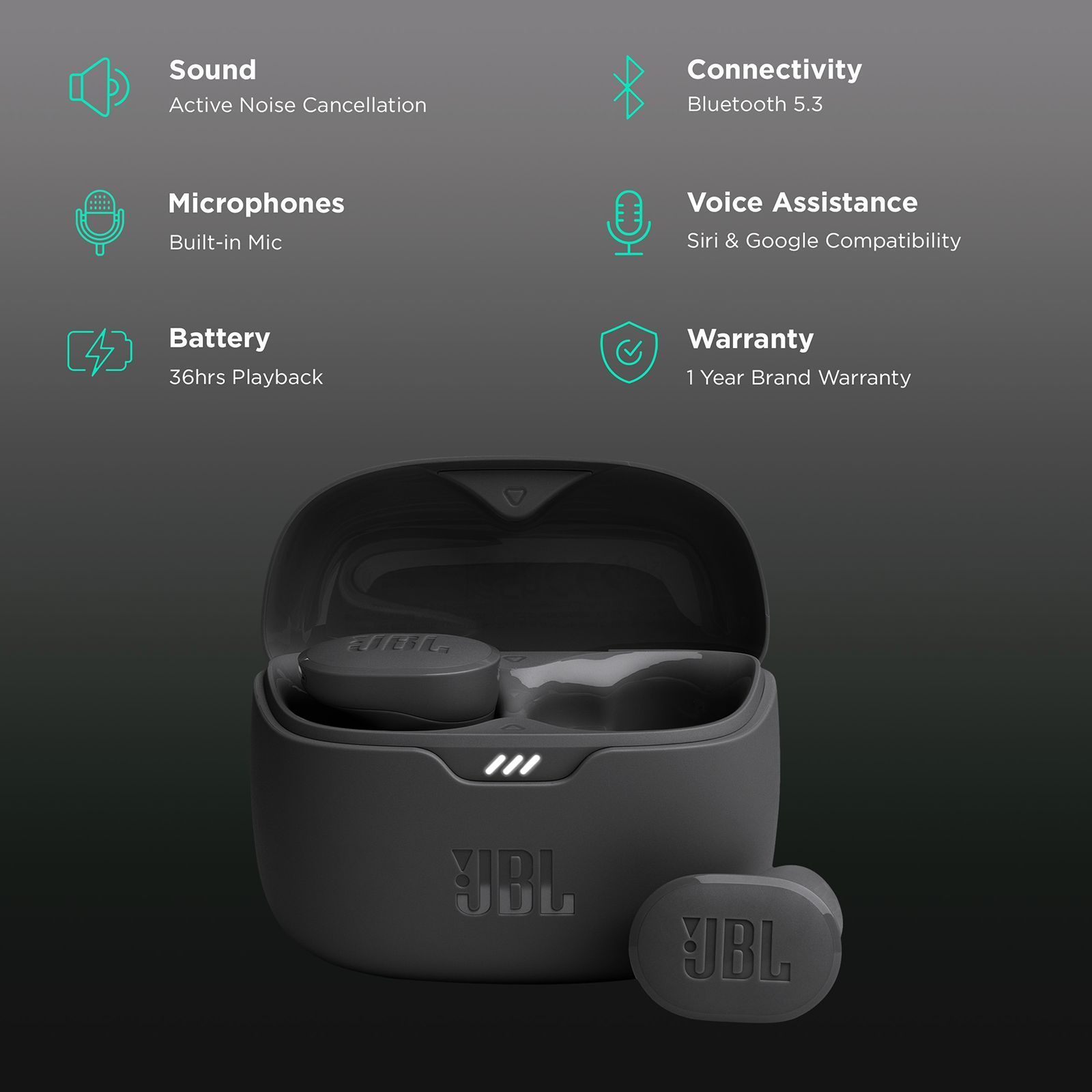 JBL Tune Buds JBLTBUDSBLK TWS Earbuds with Active Noise Cancellation (IP54 Water Resistance, Pure Bass Sound, Black)_2