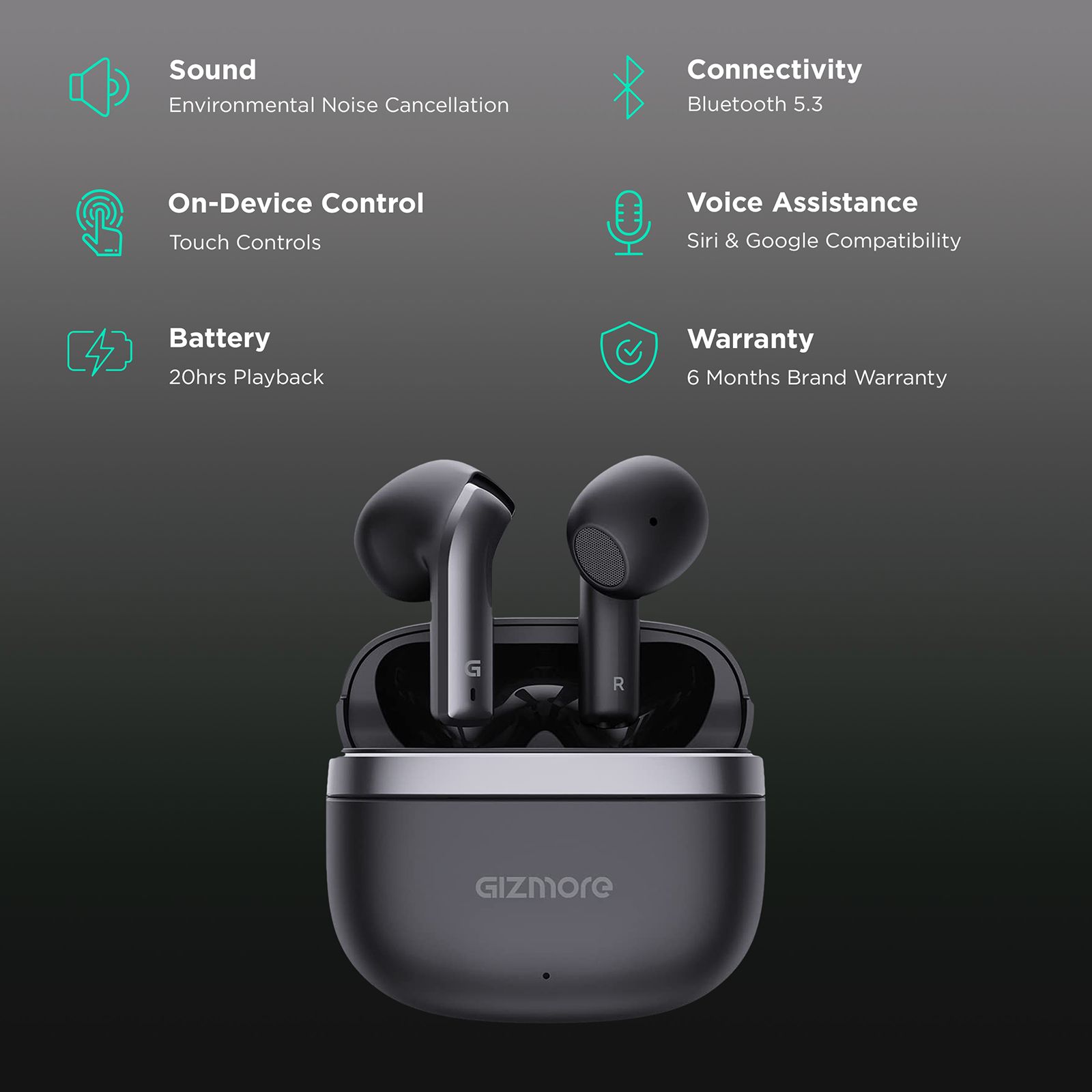 GIZmore 809 Pro TWS Earbuds with Environmental Noise Cancellation (IPX5 Water Resistant, Single Touch Voice Control, Black)_2
