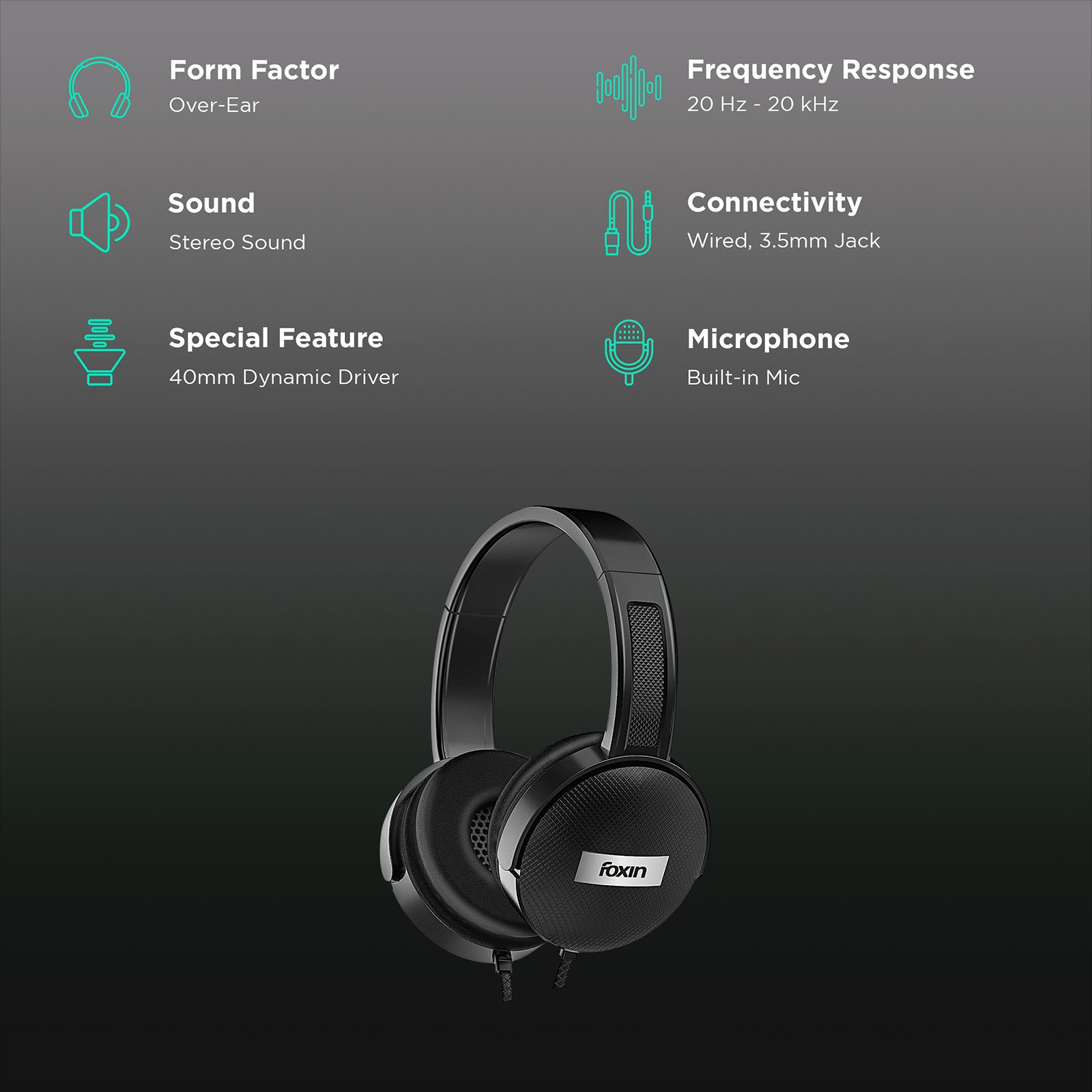 Foxin FHM-306 FOXHED0120 Wired Headphone with Mic (Over-Ear, Black) Foxin FHM-306 FOXHED0120 Wired Headphone with Mic (Over-Ear, Black)_2