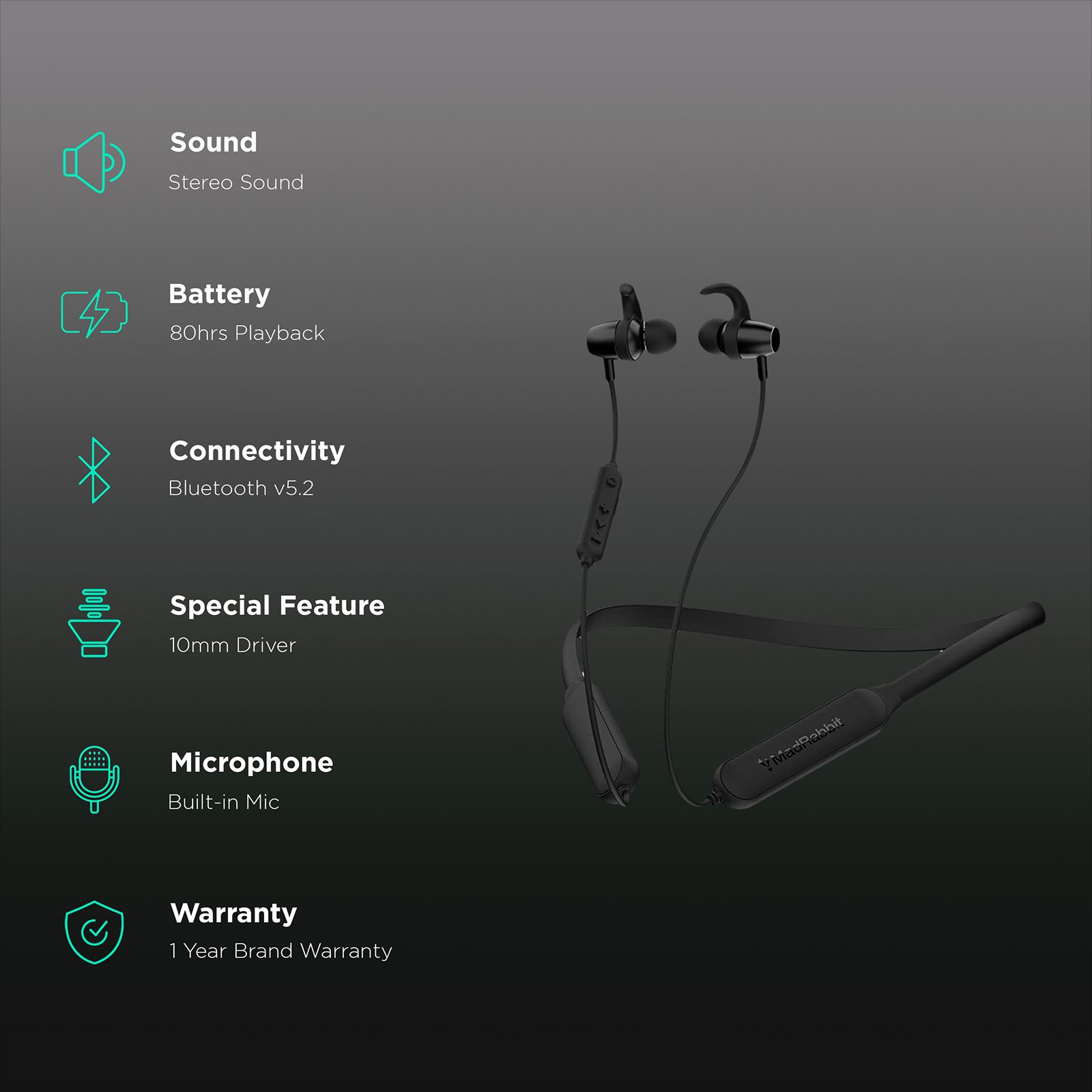 MadRabbit Trip Pro Neckband with Environmental Noise Cancellation (IPX5 Water Resistant, Magnetic Hall Sensor, Black)_2