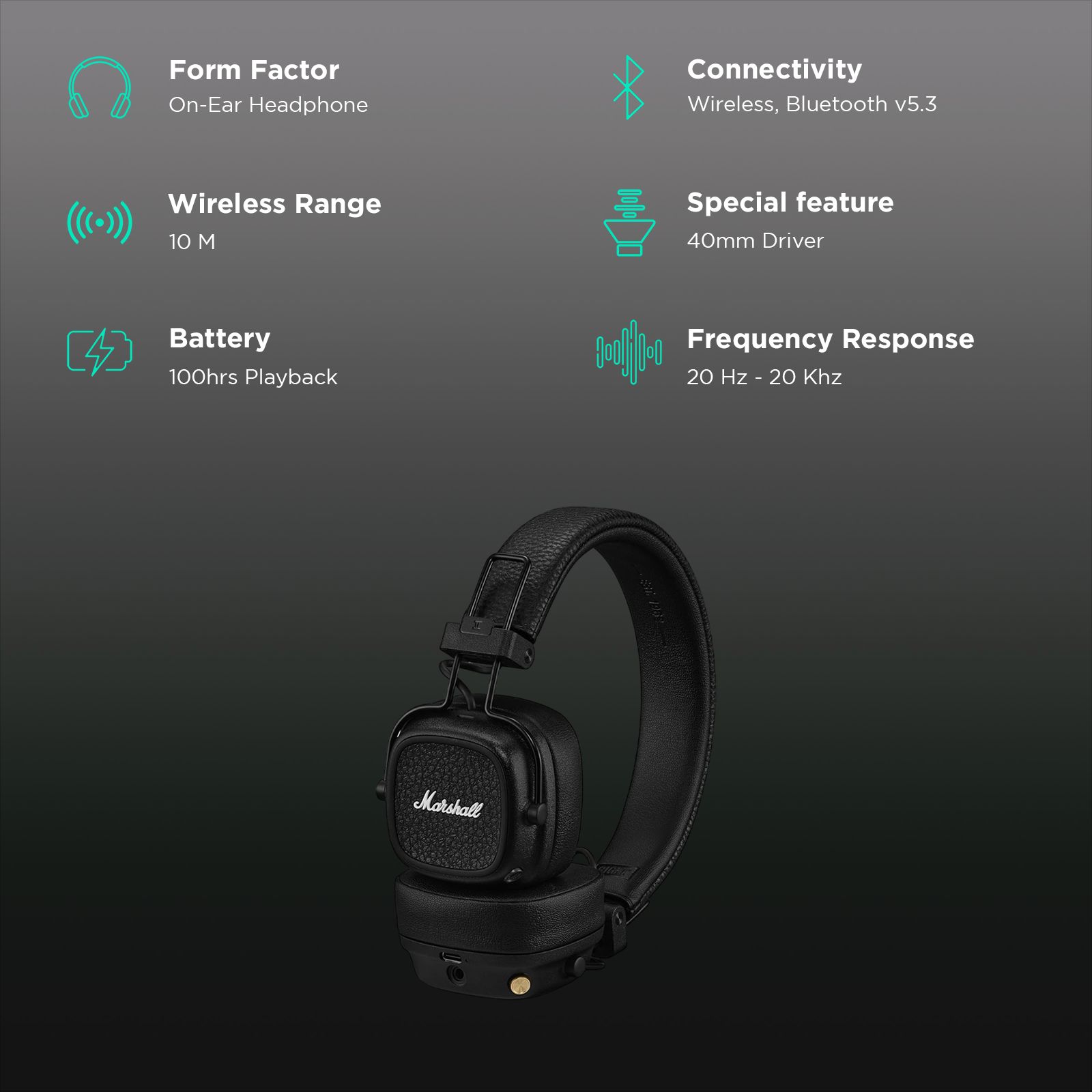 Marshall Major V Bluetooth Headphone with Mic (Upto 100 Hours Playback, On Ear, Black) Marshall Major V Bluetooth Headphone with Mic (Upto 100 Hours Playback, On Ear, Black)_2