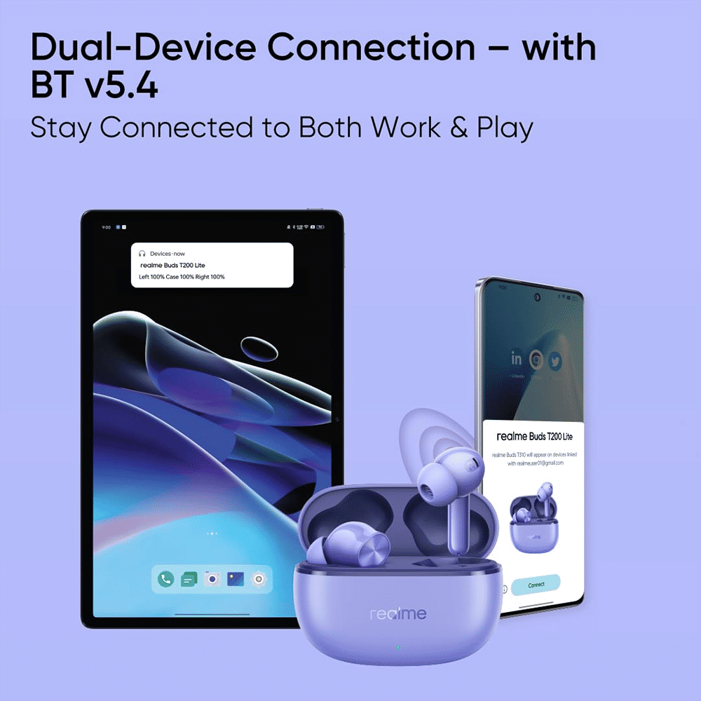 realme Buds T200 Lite TWS Earbuds with Environmental Noise Cancellation (IPX4 Water Resistant, Dual Device Connection, Aurora Purple) realme Buds T200 Lite TWS Earbuds with Environmental Noise Cancellation (IPX4 Water Resistant, Dual Device Connection, Aurora Purple)_10