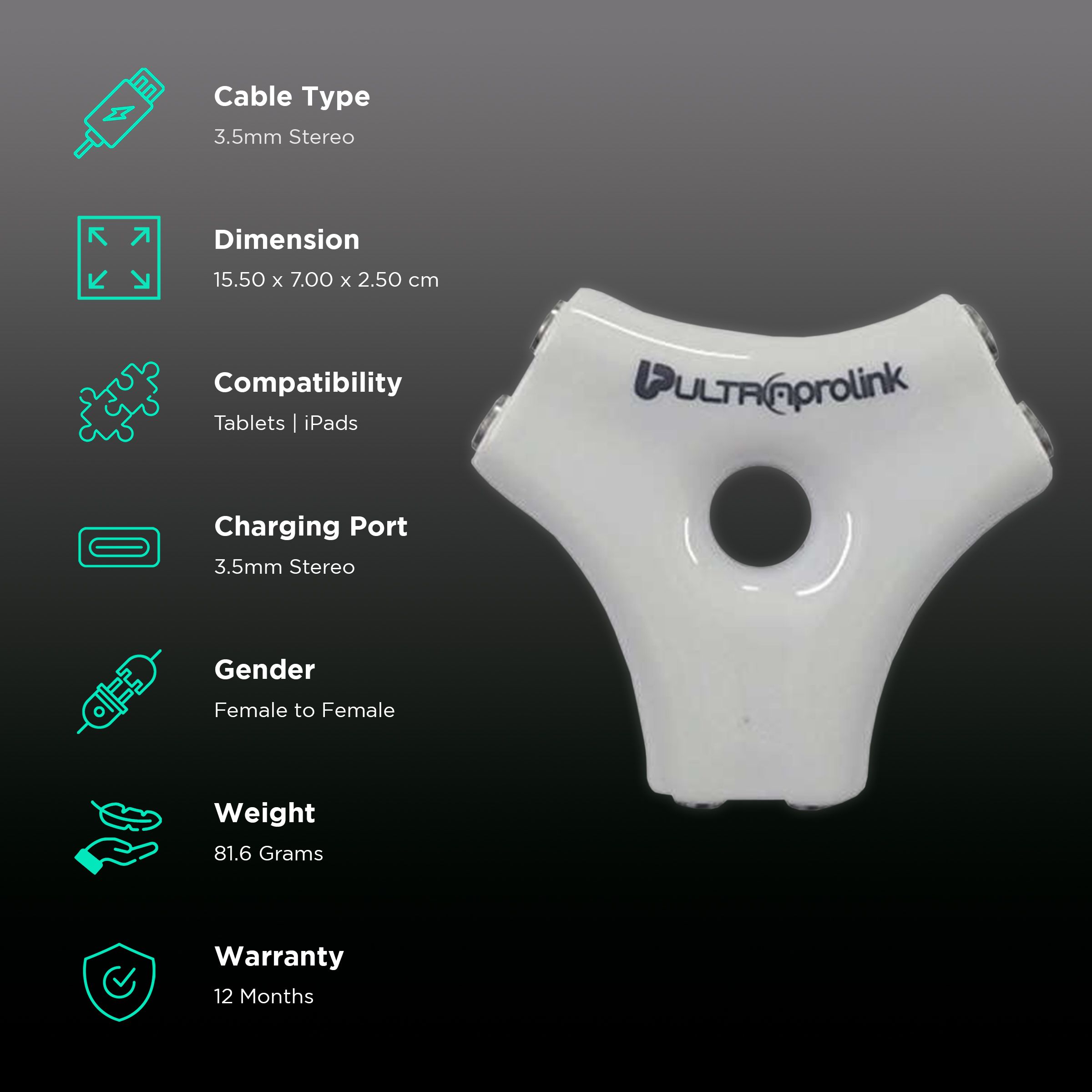 ultraprolink 3.5mm Aux to 3.5mm Aux Splitter (Inbuilt Smart Circuitry, White) ultraprolink 3.5mm Aux to 3.5mm Aux Splitter (Inbuilt Smart Circuitry, White)_2