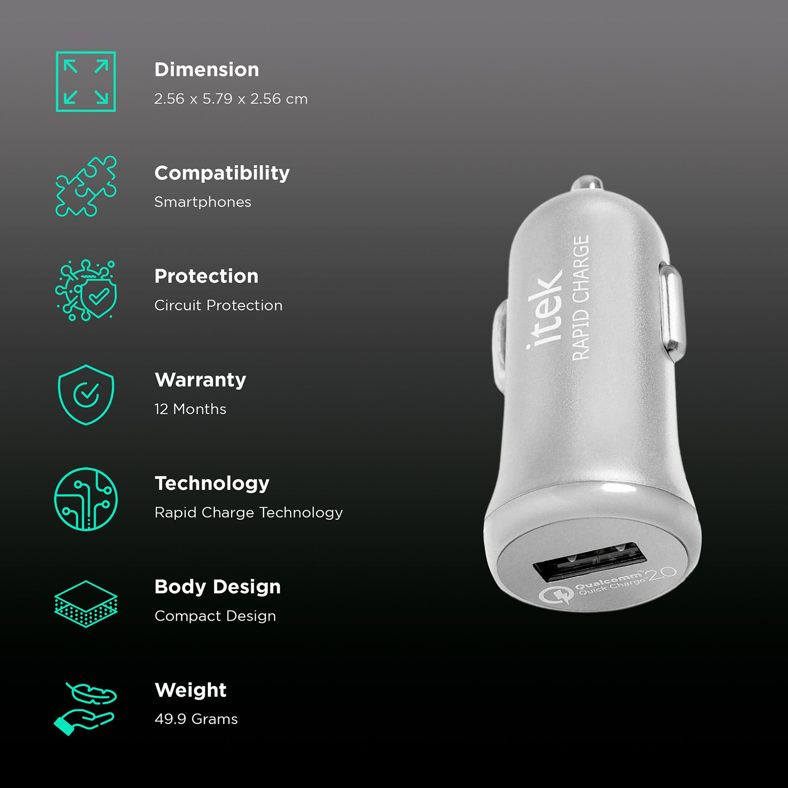 itek CCH003_SL Single USB Port Car Charging Adapter (Rapid Charge Technology, Silver) itek CCH003_SL Single USB Port Car Charging Adapter (Rapid Charge Technology, Silver)_2