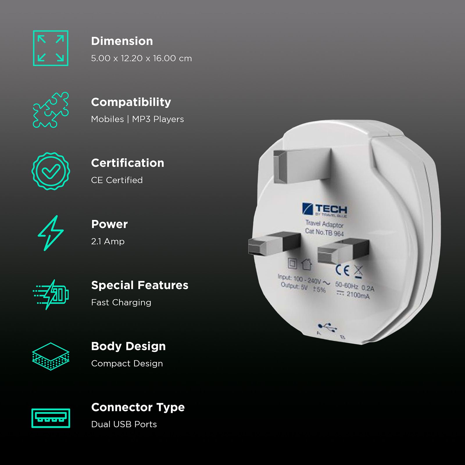 TRAVEL BLUE 2.1 Amp Dual USB Wall Charger (964, White) TRAVEL BLUE 2.1 Amp Dual USB Wall Charger (964, White)_2