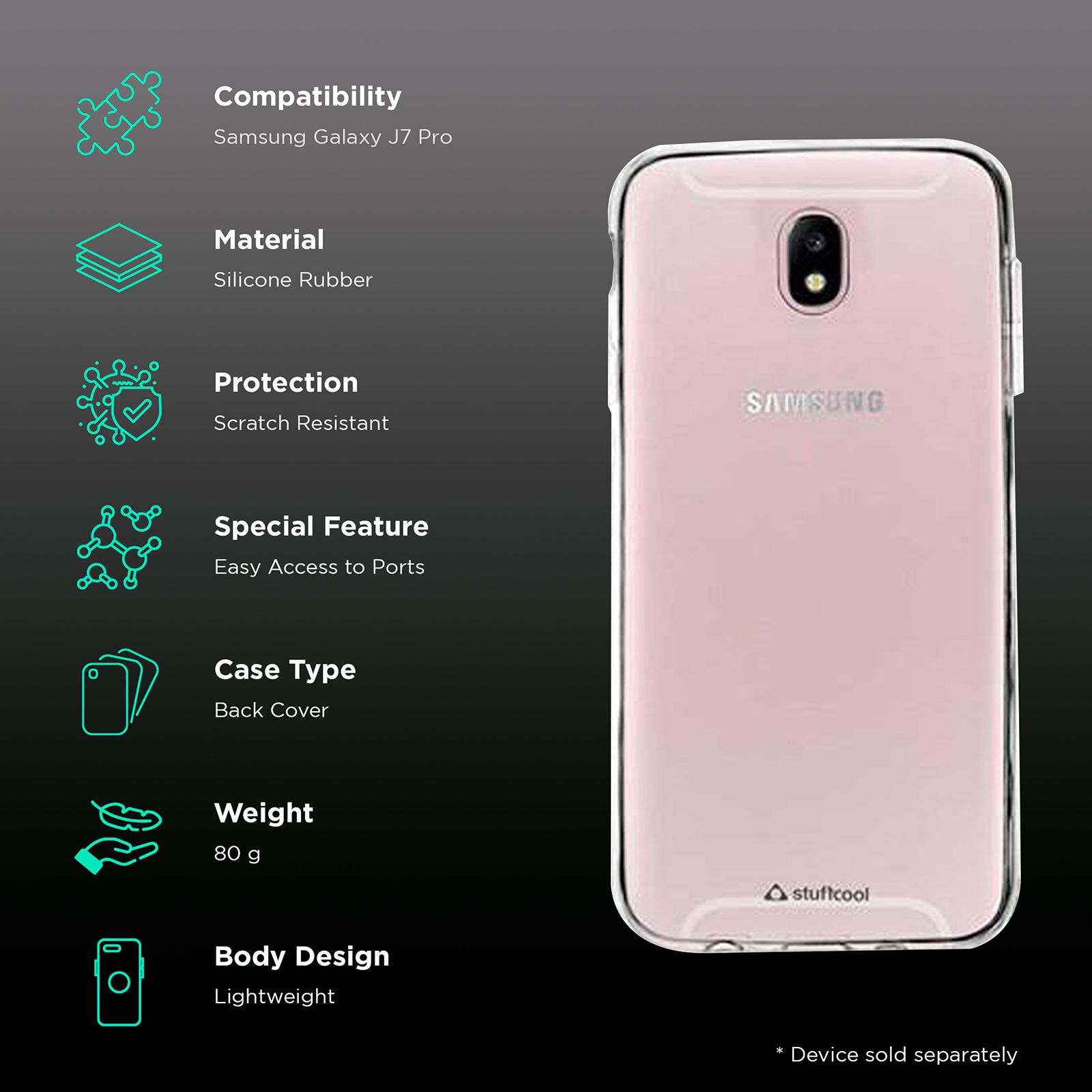 stuffcool Pure Soft Silicone Rubber Back Cover for Samsung Galaxy J7 Pro (Camera Protection, Transparent)_2