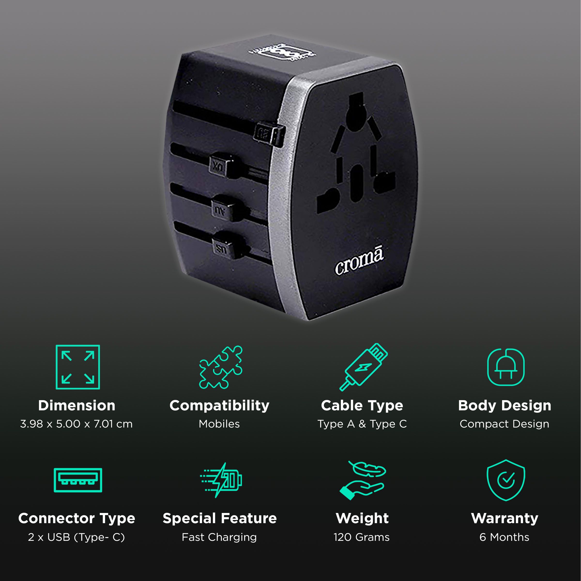 Croma Type A & Type C 4-Port Charger (Adapter Only, AC Outlet With Safety Shutter, Black)_2