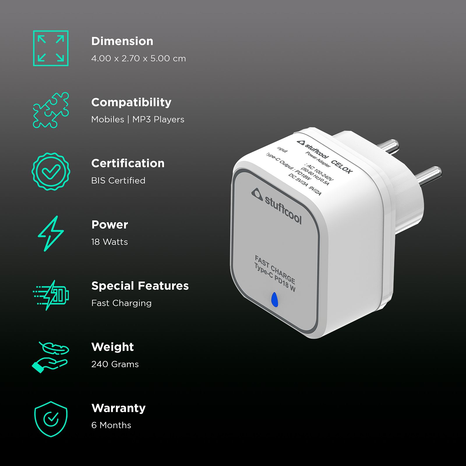 stuffcool Celox 18 Watts 1-Port USB Wall Charging Adapter (PD18W, White) stuffcool Celox 18 Watts 1-Port USB Wall Charging Adapter (PD18W, White)_2