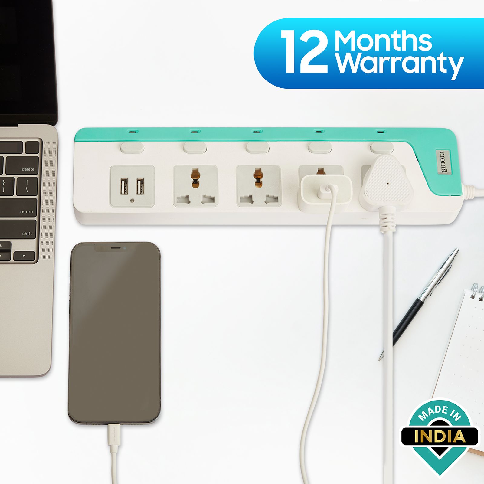Croma 6 Amps 4 Sockets Surge Protector with Individual Switch (2 Meters, Child Safety Shutters, CRCP1001, Blue) Croma 6 Amps 4 Sockets Surge Protector with Individual Switch (2 Meters, Child Safety Shutters, CRCP1001, Blue)_3
