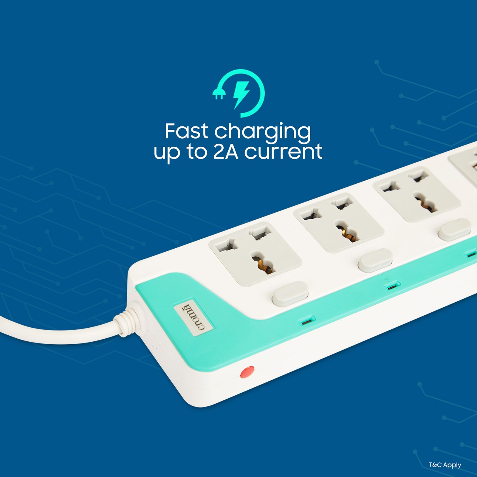 Croma 6 Amps 4 Sockets Surge Protector with Individual Switch (2 Meters, Child Safety Shutters, CRCP1001, Blue) Croma 6 Amps 4 Sockets Surge Protector with Individual Switch (2 Meters, Child Safety Shutters, CRCP1001, Blue)_4