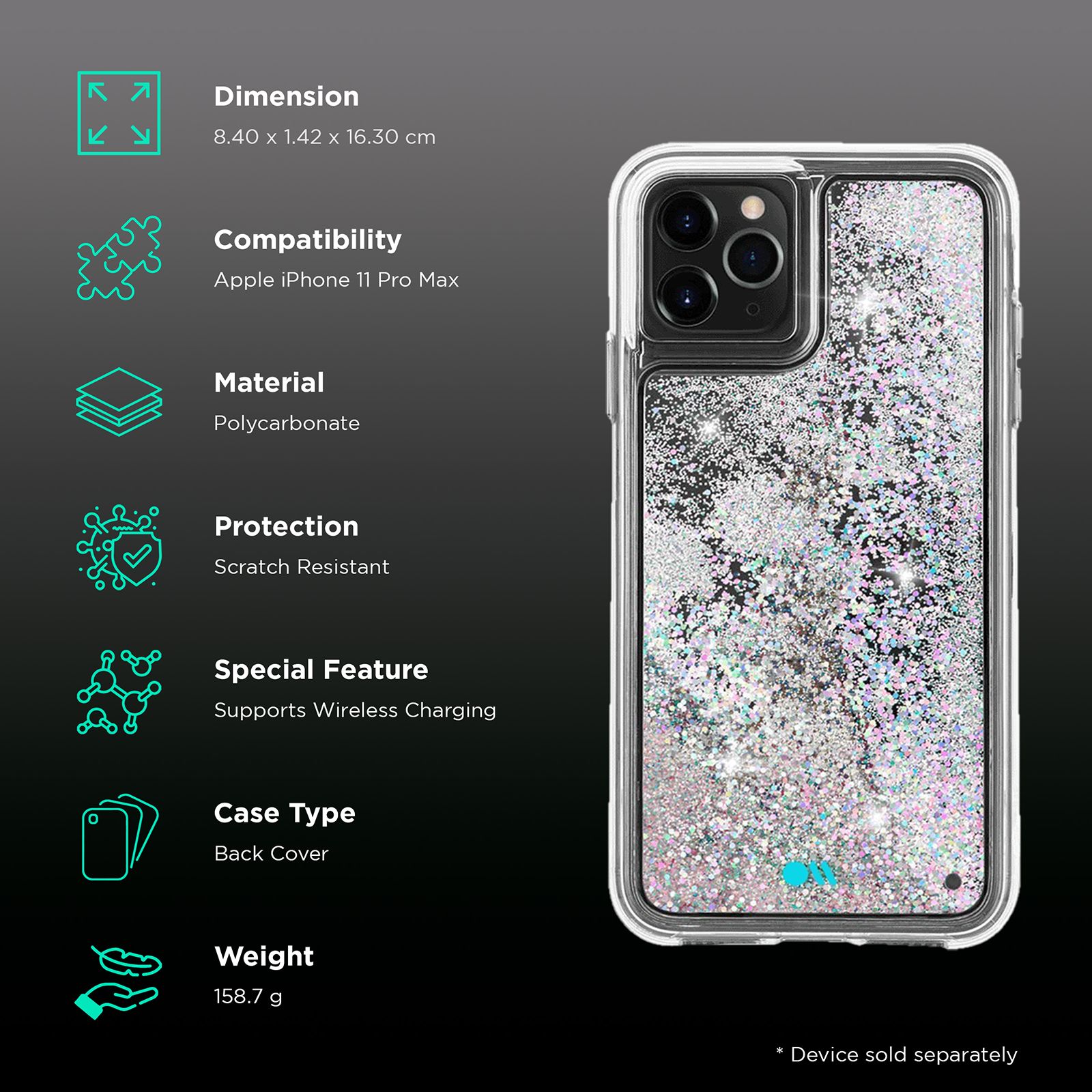 Case-Mate Waterfall Glitter Polycarbonate Back Cover for Apple iPhone 11 Pro Max (Wireless Charging Compatible, Iridescent Diamond) Case-Mate Waterfall Glitter Polycarbonate Back Cover for Apple iPhone 11 Pro Max (Wireless Charging Compatible, Iridescent Diamond)_2
