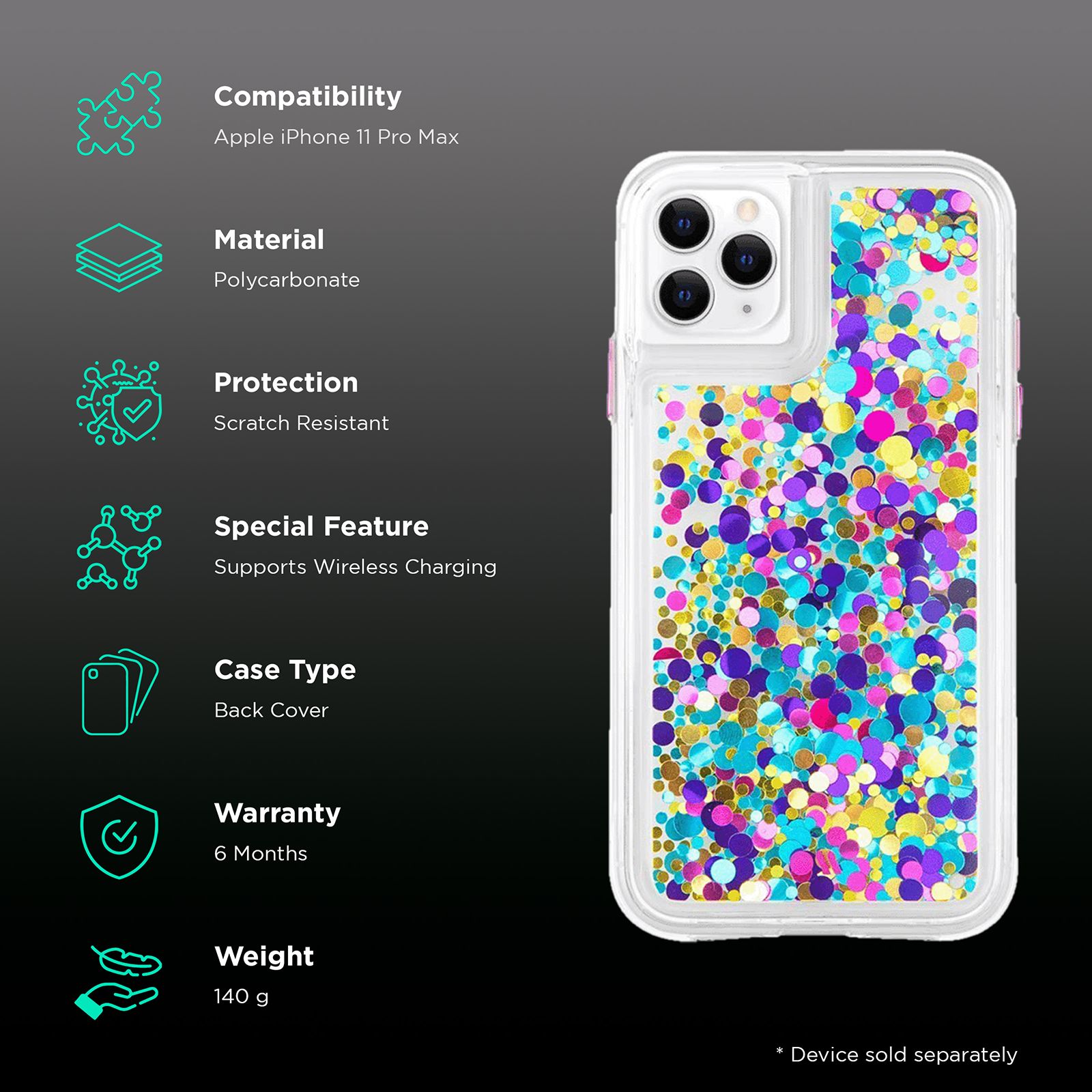 Case-Mate Waterfall Glitter Polycarbonate Back Cover for Apple iPhone 11 Pro Max (Wireless Charging Compatible, Confetti) Case-Mate Waterfall Glitter Polycarbonate Back Cover for Apple iPhone 11 Pro Max (Wireless Charging Compatible, Confetti)_2