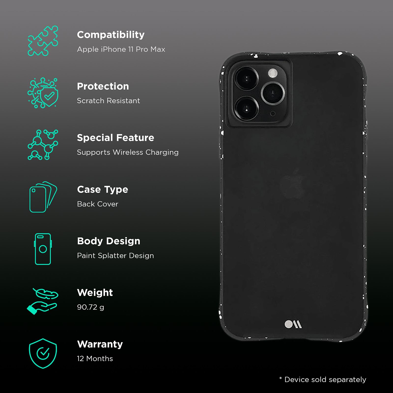 Case-Mate Back Cover for Apple iPhone 11 Pro Max (Paint Splatter Design, Speckled Black) Case-Mate Back Cover for Apple iPhone 11 Pro Max (Paint Splatter Design, Speckled Black)_2