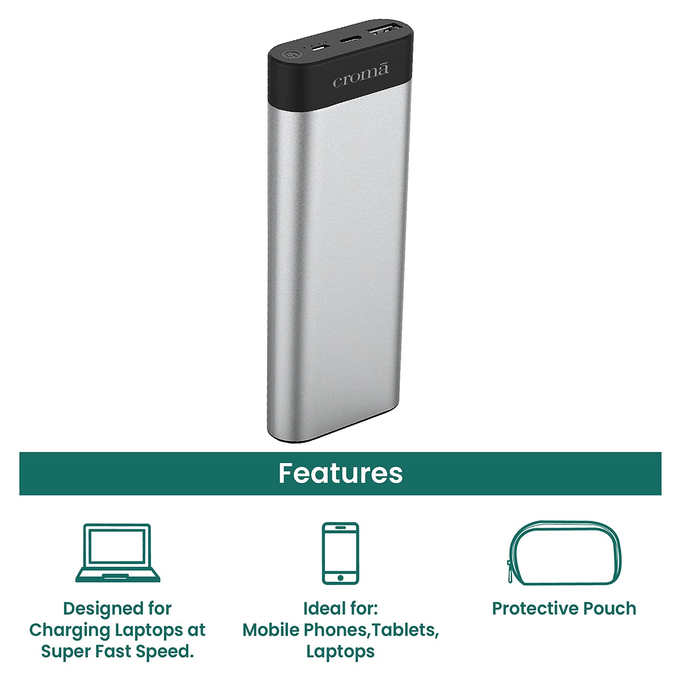 Croma 15600 mAh 45W Fast Charging Power Bank (1 Type C, 1 Micro USB & 1 Type A Ports, Aluminium Casing, Over Charge Protection, Silver)_8