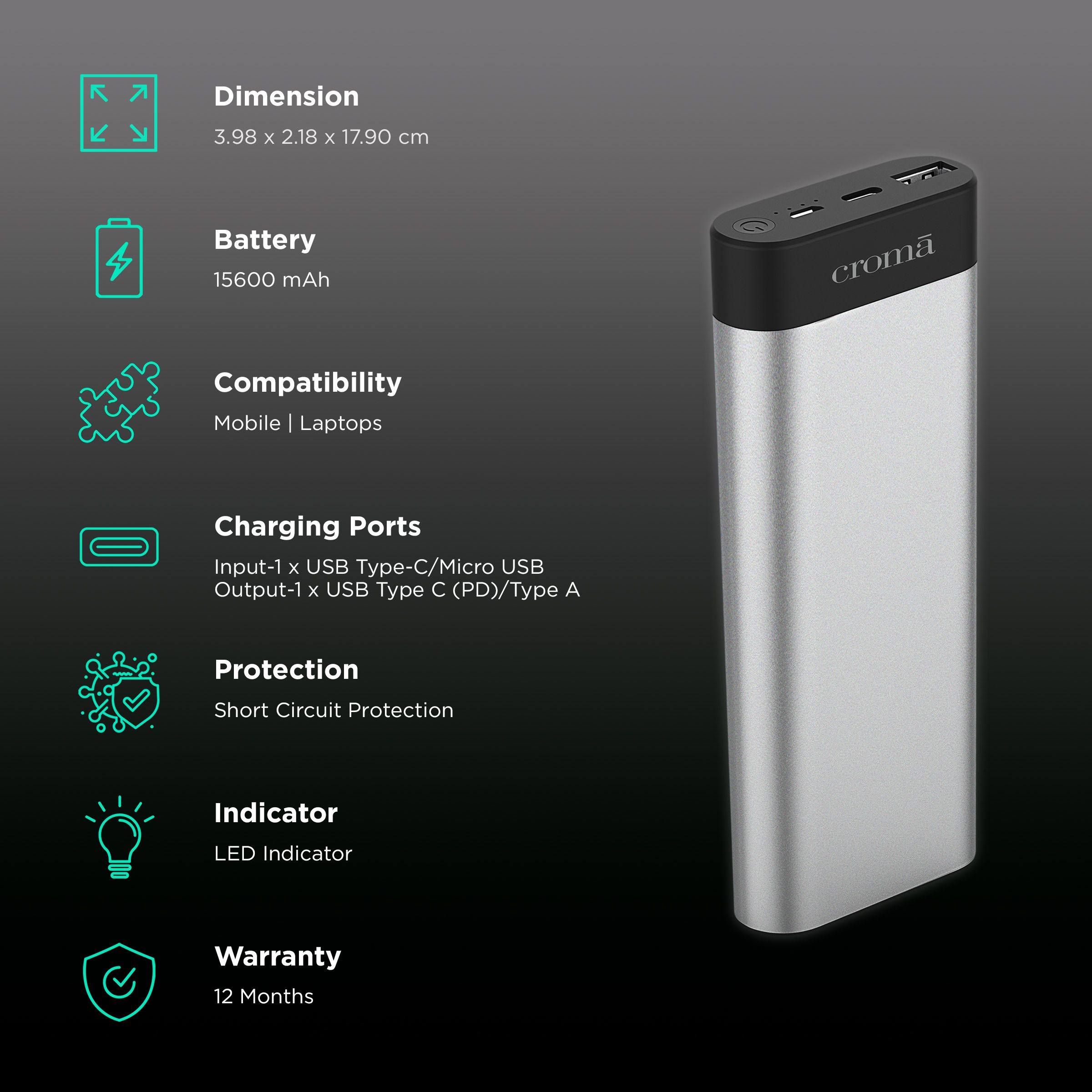 Croma 15600 mAh 45W Fast Charging Power Bank (1 Type C, 1 Micro USB & 1 Type A Ports, Aluminium Casing, Over Charge Protection, Silver)_3