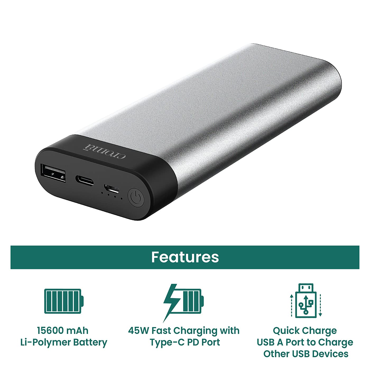 Croma 15600 mAh 45W Fast Charging Power Bank (1 Type C, 1 Micro USB & 1 Type A Ports, Aluminium Casing, Over Charge Protection, Silver)_7