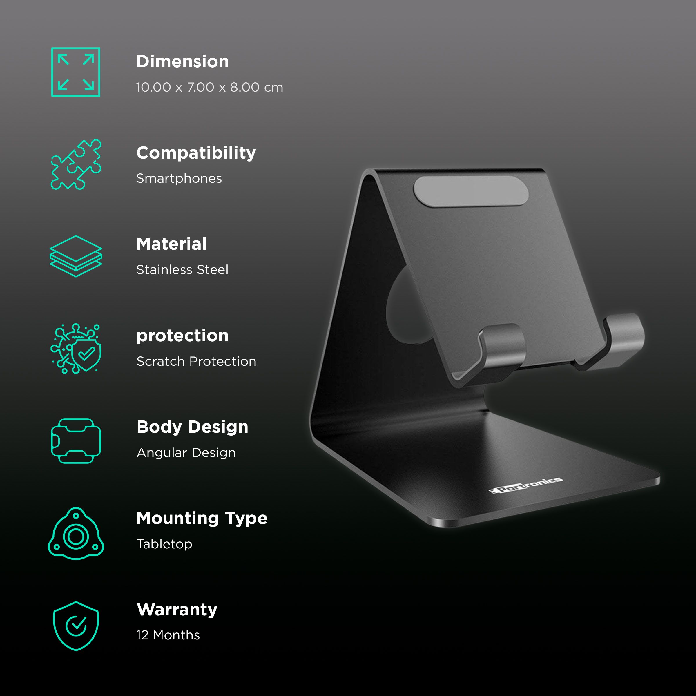 PORTRONICS MoDesk Universal Stainless Steel Phone Holder (POR 122, Black) PORTRONICS MoDesk Universal Stainless Steel Phone Holder (POR 122, Black)_3