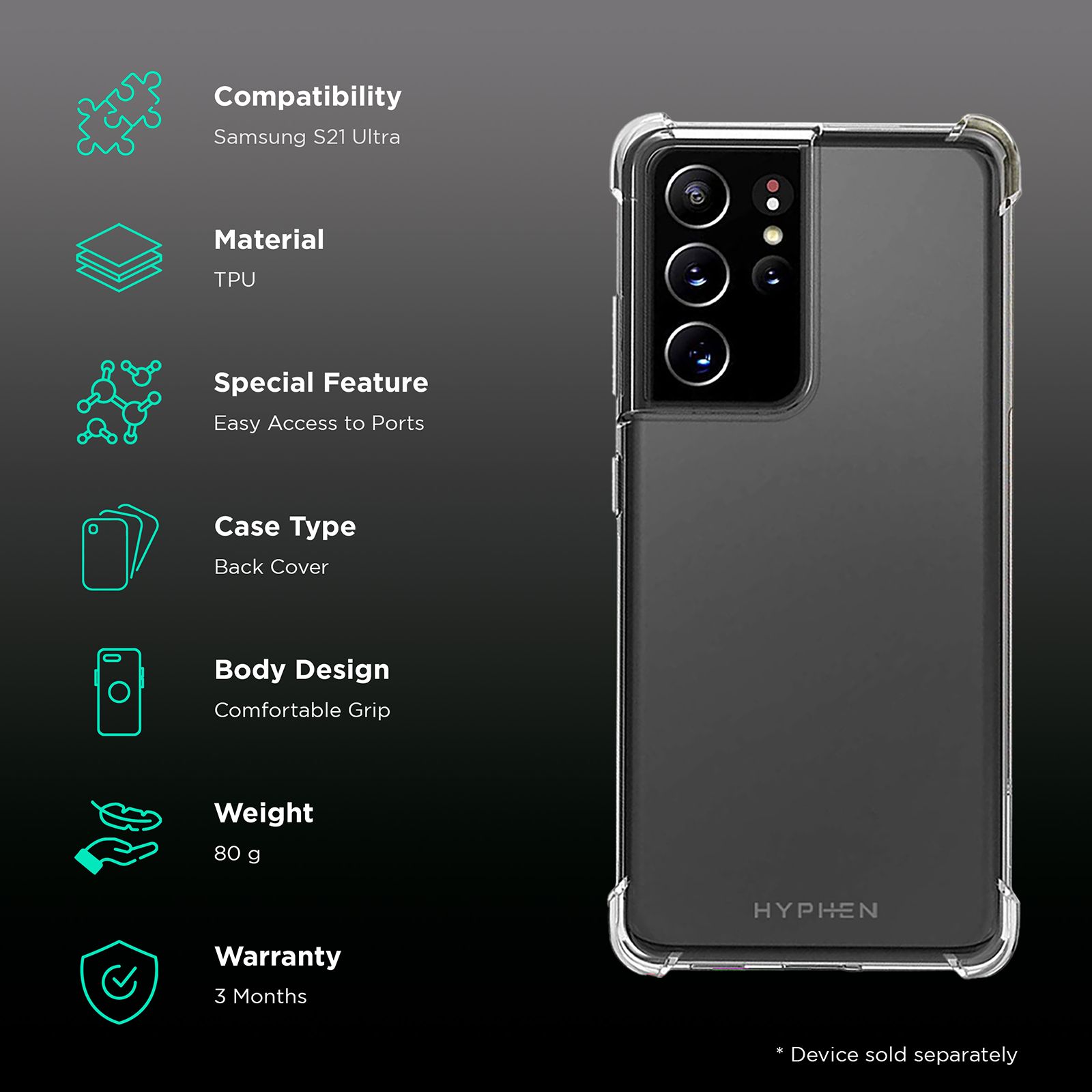 HYPHEN HPC-DCS210474 Soft TPU Back Cover for SAMSUNG S21 Ultra (Drop Protection, Clear)_2