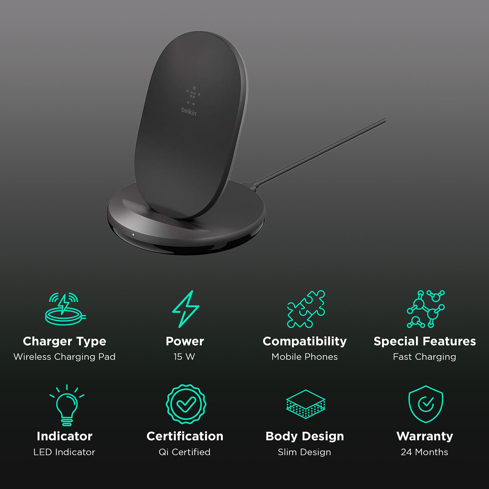 belkin Boost Charge 15W Wireless Charging Pad for iOS, Android (Qi Certified, Fast Charging, Black)_2