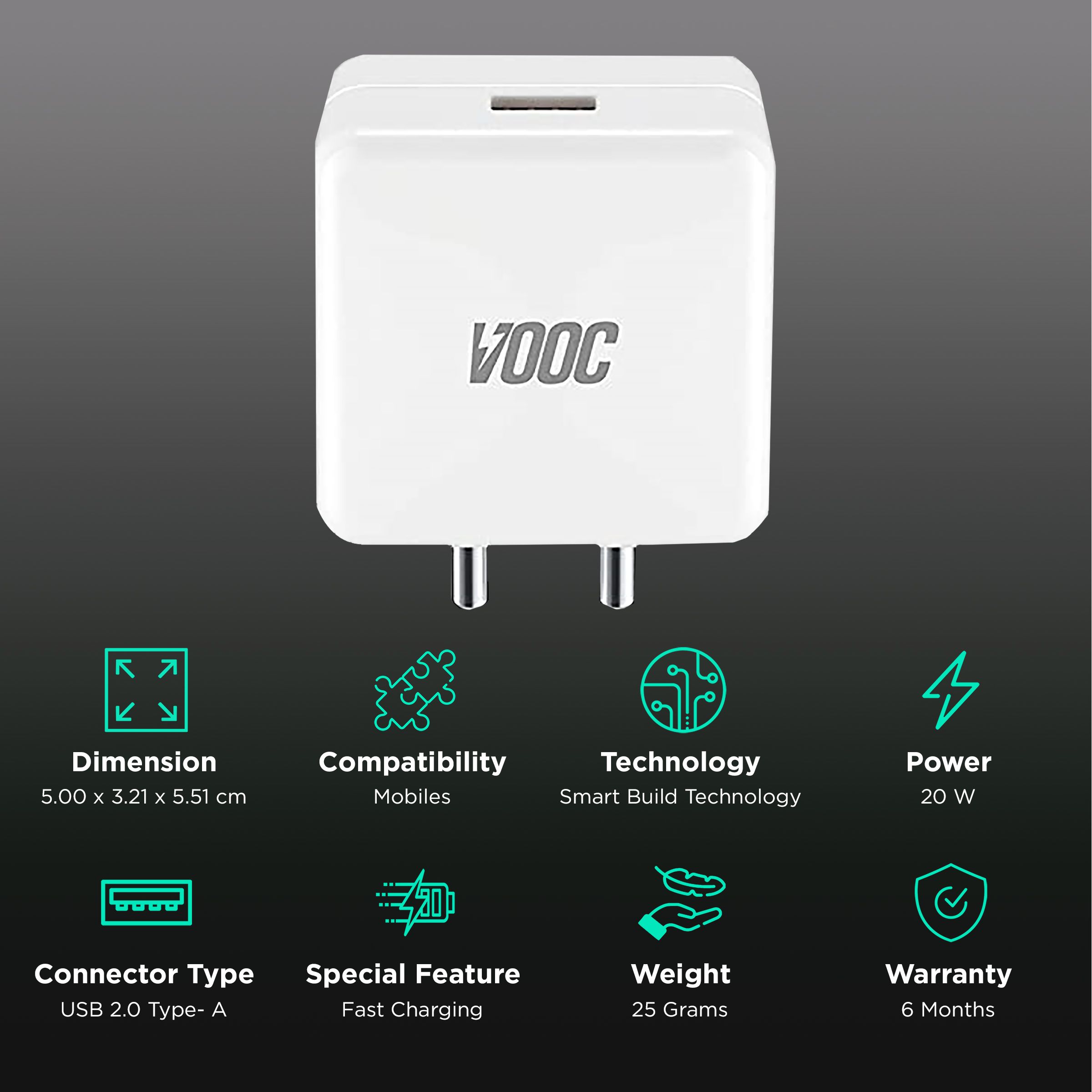Vaku 20W Type A VOOC Flash Charger (Smart Build Technology, White) Vaku 20W Type A VOOC Flash Charger (Smart Build Technology, White)_2
