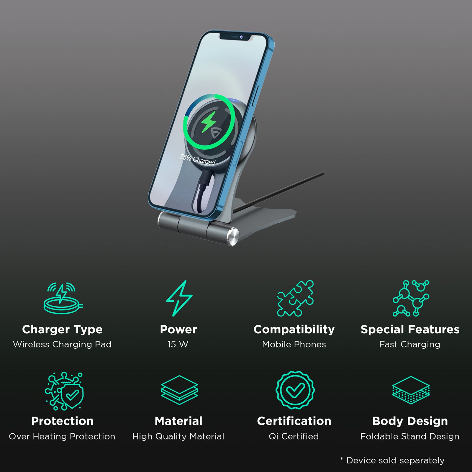 RAEGR MagFix Arc M1320 15W Wireless Charger for iOS (Qi Certified, Over Heating Protection, Metallic Grey)_2