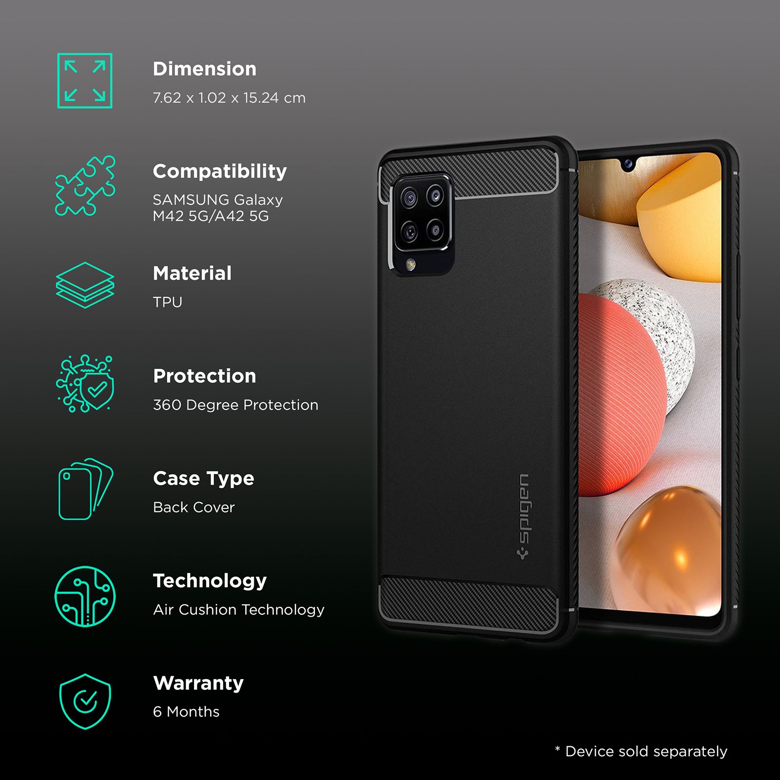 spigen Rugged Armor TPU Back Cover for SAMSUNG Galaxy M42 5G, A42 5G (Air Cushion Technology, Matte Black)_2