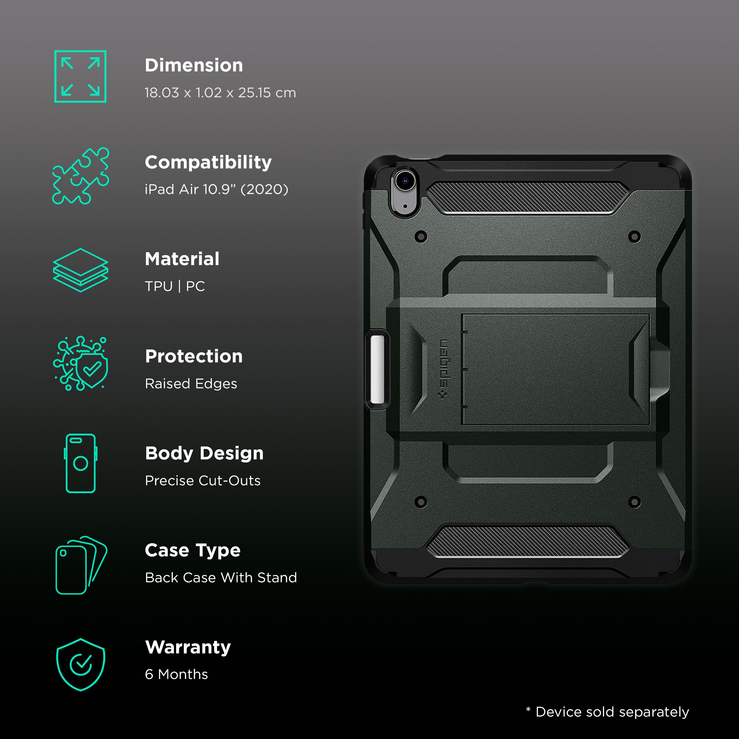 spigen Tough Armor Pro Polycarbonate Back Cover for Apple iPad Air 10.9 Inch (Raised Edges, Military Green) spigen Tough Armor Pro Polycarbonate Back Cover for Apple iPad Air 10.9 Inch (Raised Edges, Military Green)_2