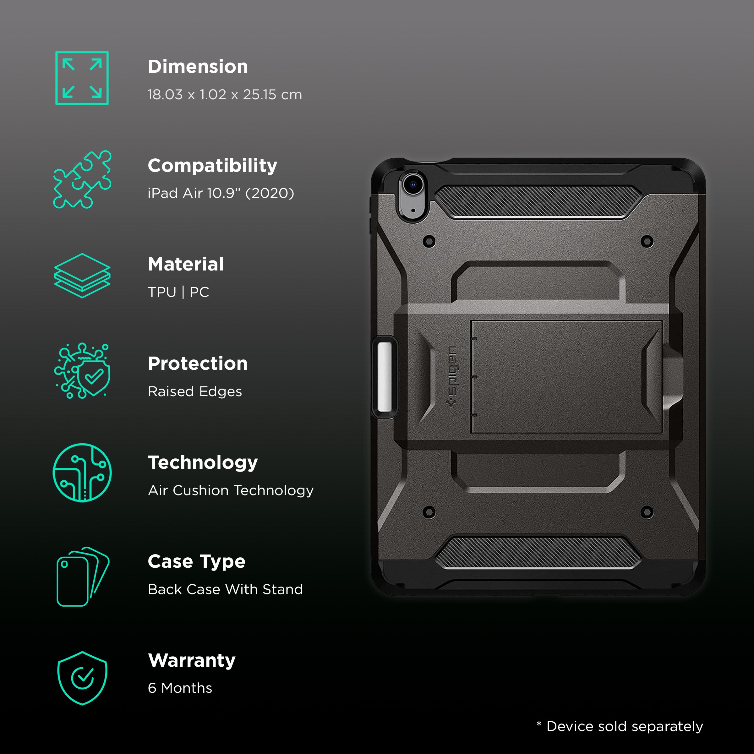 spigen Tough Armor Pro Polycarbonate Back Cover for Apple iPad Air 10.9 Inch (Raised Edges, Gunmetal) spigen Tough Armor Pro Polycarbonate Back Cover for Apple iPad Air 10.9 Inch (Raised Edges, Gunmetal)_2