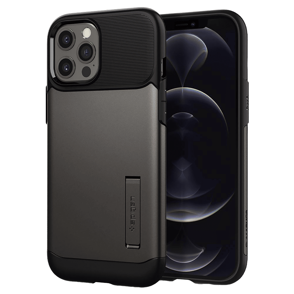 spigen Slim Armor Polycarbonate Thermoplastic Polyurethane Back Case with Stand for Apple iPhone 12 Pro Max (Air Cushion Technology, ACS01480, Gun Metal)_1