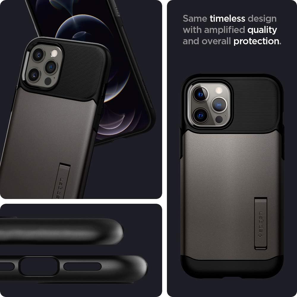 spigen Slim Armor Polycarbonate Thermoplastic Polyurethane Back Case with Stand for Apple iPhone 12 Pro Max (Air Cushion Technology, ACS01480, Gun Metal)_8