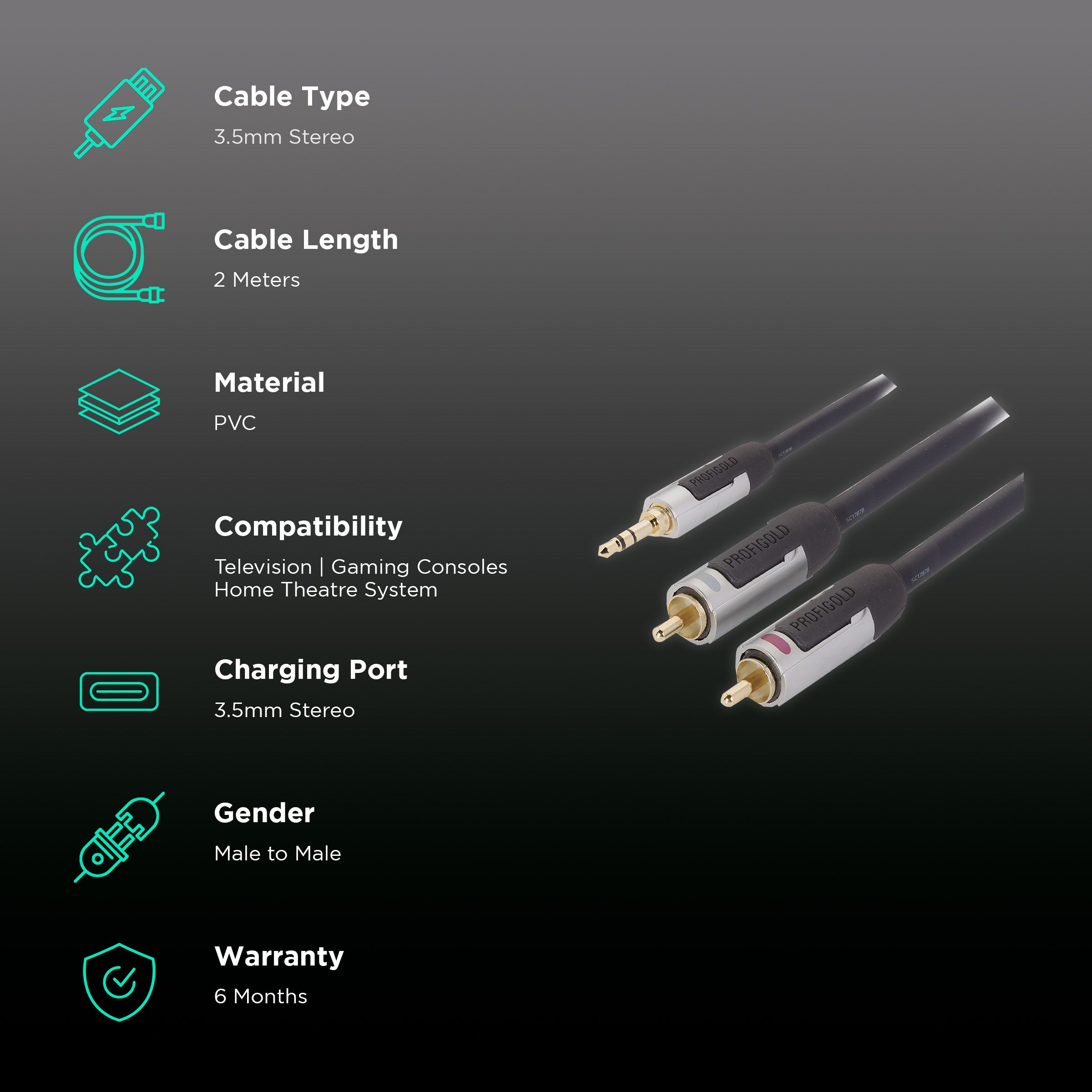 PROFIGOLD PROA3402 3.5mm Stereo to RCA 2 Meter Audio Cable (IAT Technology, Anthracite) PROFIGOLD PROA3402 3.5mm Stereo to RCA 2 Meter Audio Cable (IAT Technology, Anthracite)_2