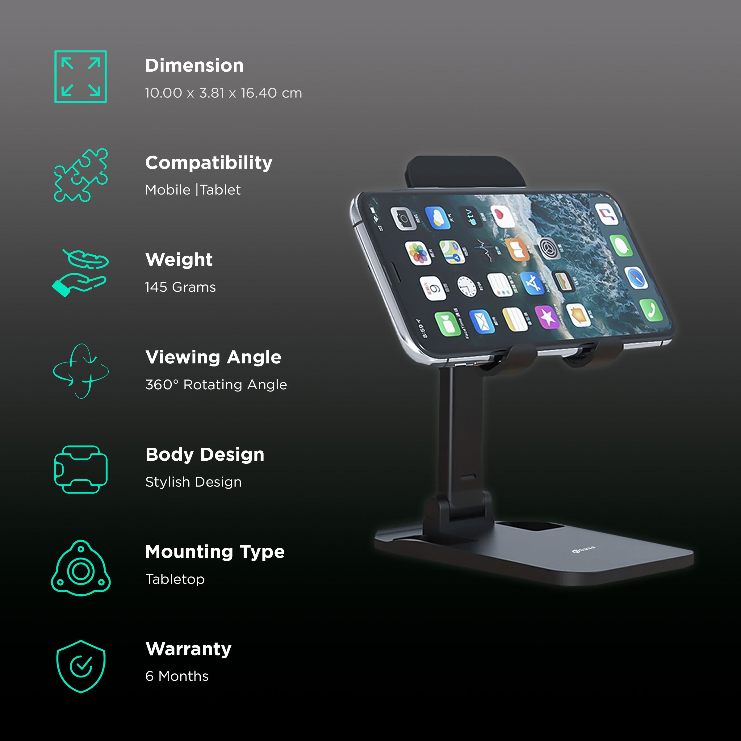 in base IB-1070 Dual Desktop Stand for Mobile & Tablet (360 Degree Rotatable, Black)_3
