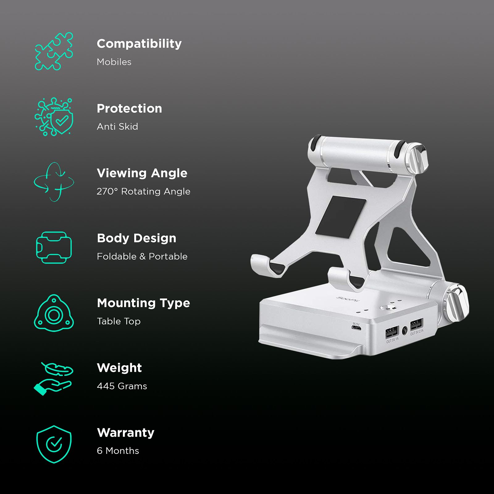 Soopi Stand for Mobiles and Tablets (Built-In 5000mAh Powerbank, Bluetooth Speaker, PH02, Silver) Soopi Stand for Mobiles and Tablets (Built-In 5000mAh Powerbank, Bluetooth Speaker, PH02, Silver)_3
