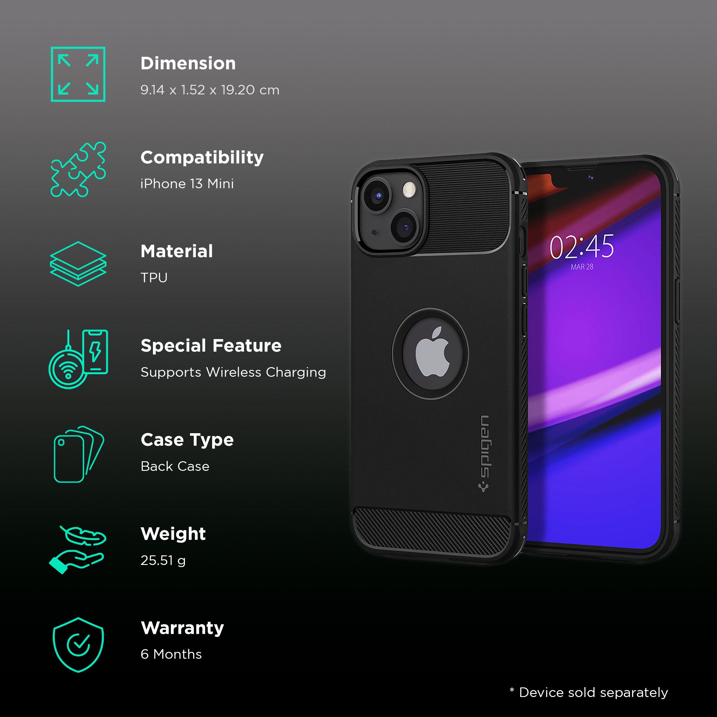 spigen Rugged Armor TPU Back Cover for Apple iPhone 13 Mini (Air Cushion Technology, Matte Black)_2