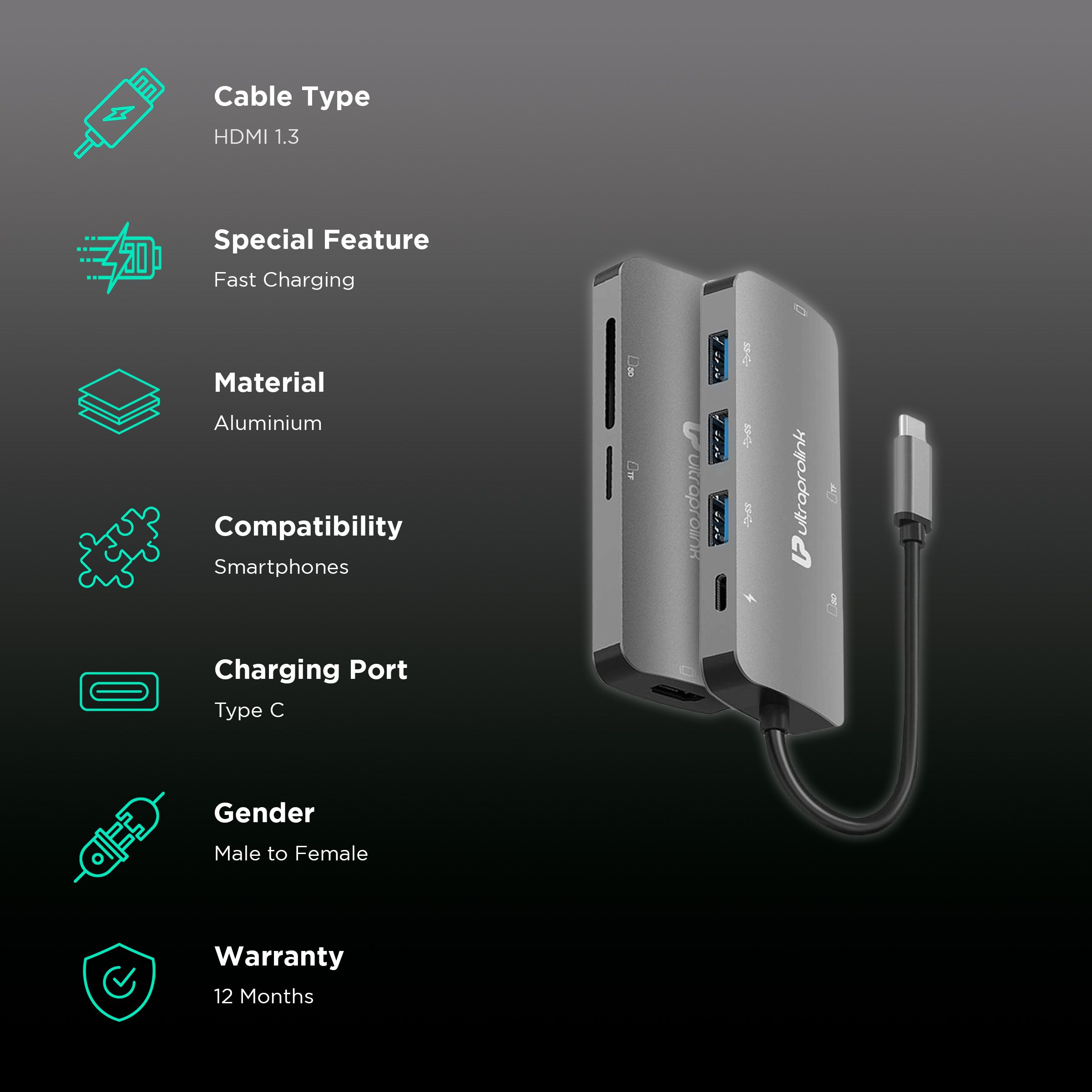 UltraProlink Pro Hub 7-in-1 USB 3.0 Type C to USB 3.0 Type A, SD Card Slot, TF Card Reader, HDMI Type A, USB Type C USB Hub (High Speed Transfer Data, Grey) UltraProlink Pro Hub 7-in-1 USB 3.0 Type C to USB 3.0 Type A, SD Card Slot, TF Card Reader, HDMI Type A, USB Type C USB Hub (High Speed Transfer Data, Grey)_2